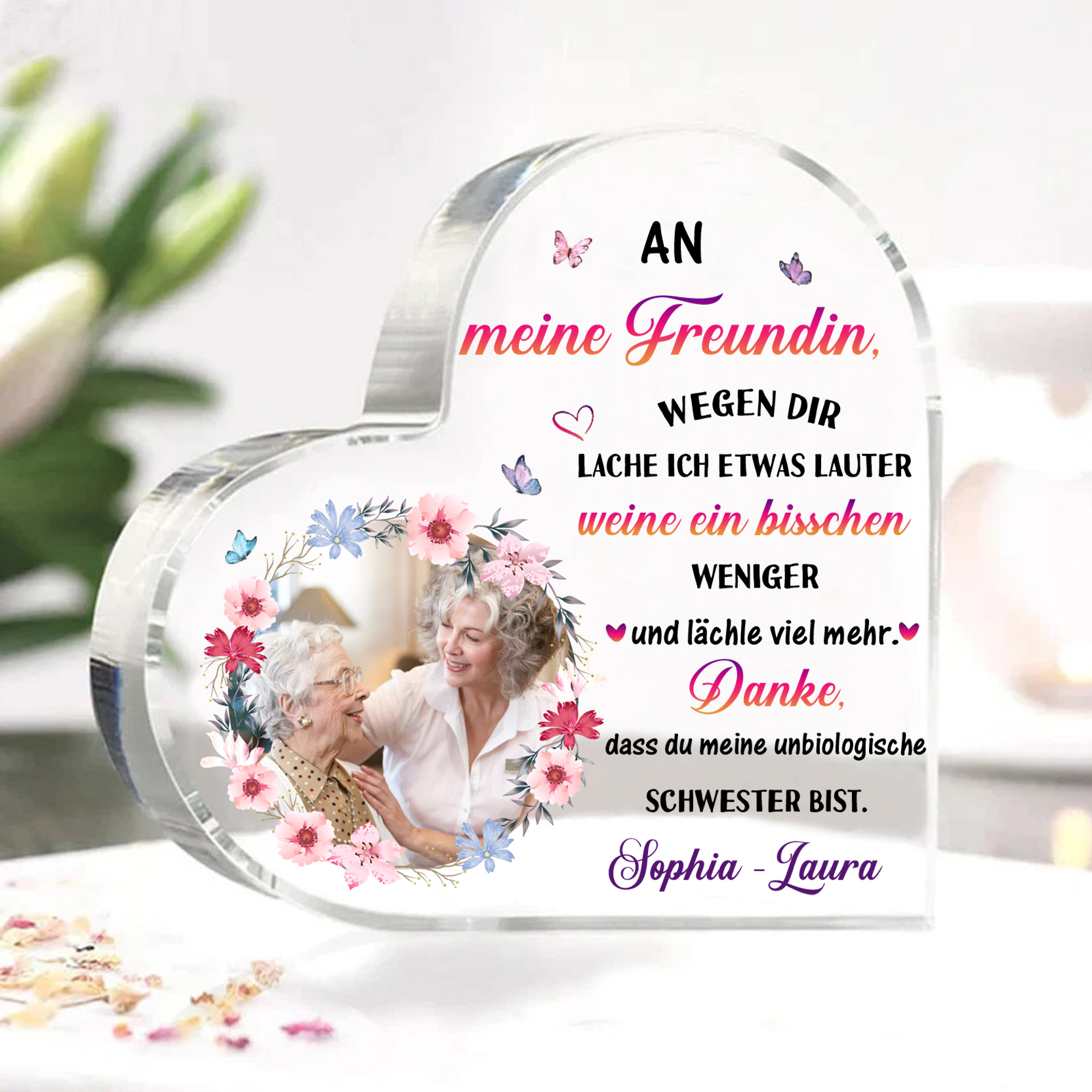 Personalisierter 1 Text & Foto Herz Acryl-Deko -Danke, dass du meine unbiologische Schwester bist.- Schreibtischdekoration für beste Freundin