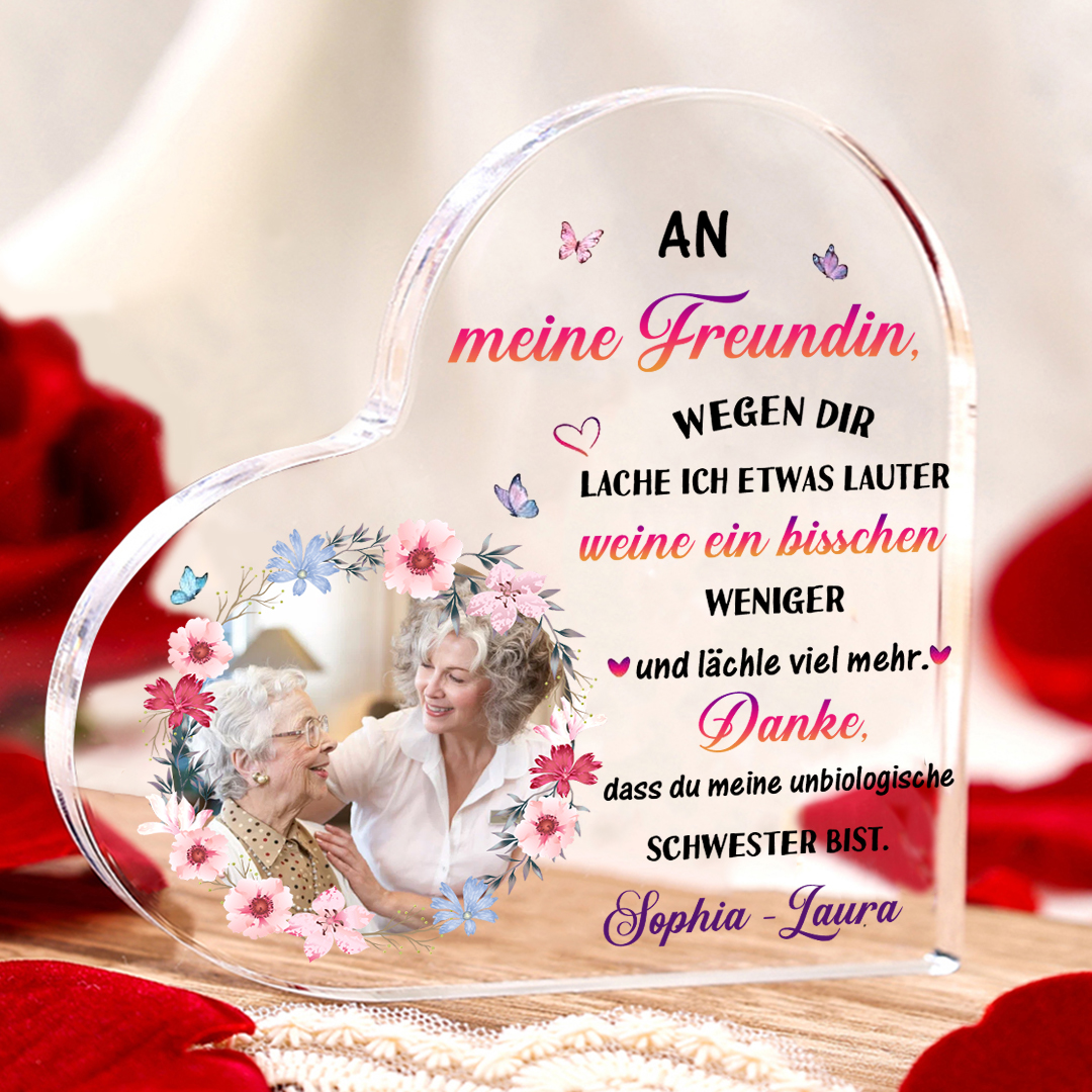 Personalisierter 1 Text & Foto Herz Acryl-Deko -Danke, dass du meine unbiologische Schwester bist.- Schreibtischdekoration für beste Freundin