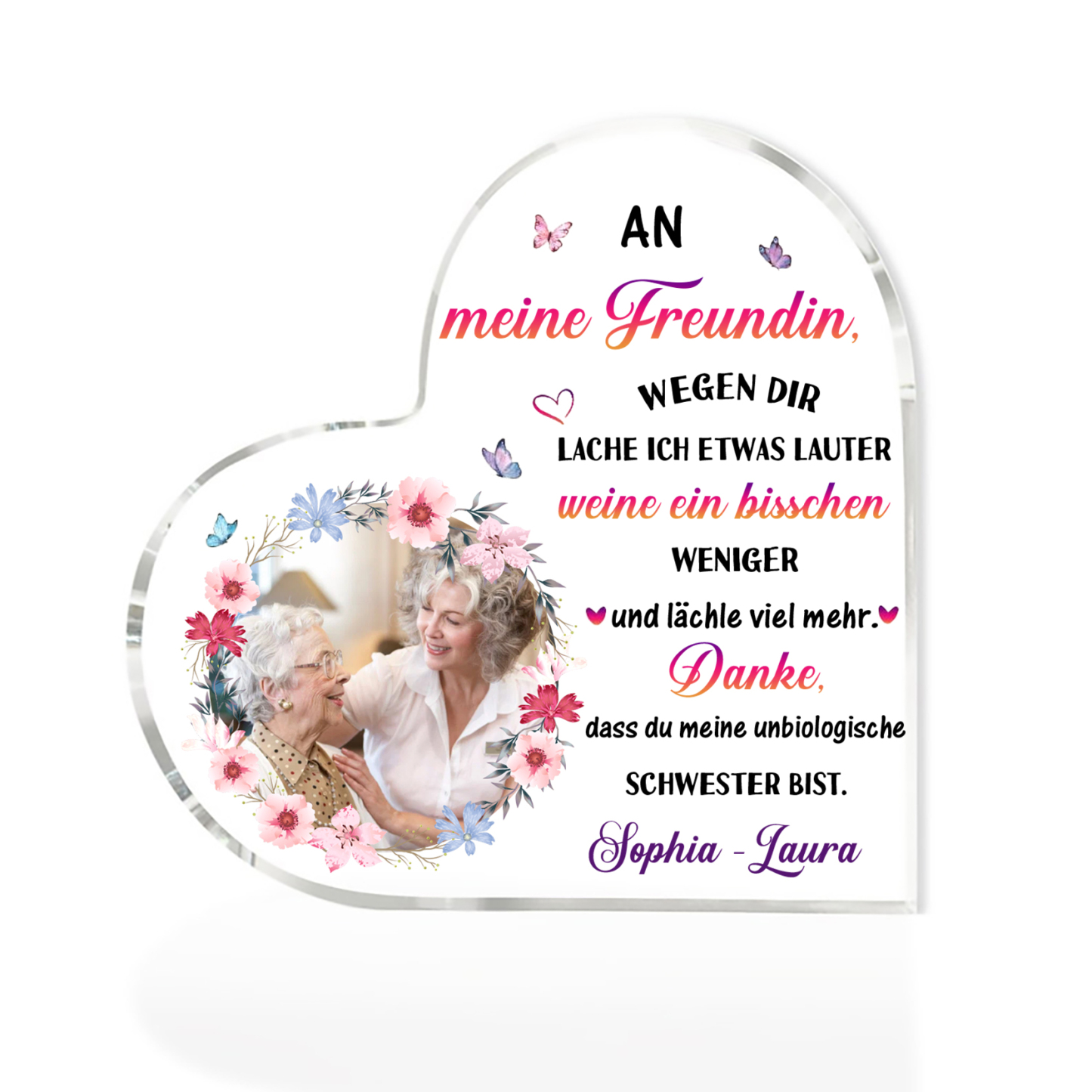 Personalisierter 1 Text & Foto Herz Acryl-Deko -Danke, dass du meine unbiologische Schwester bist.- Schreibtischdekoration für beste Freundin