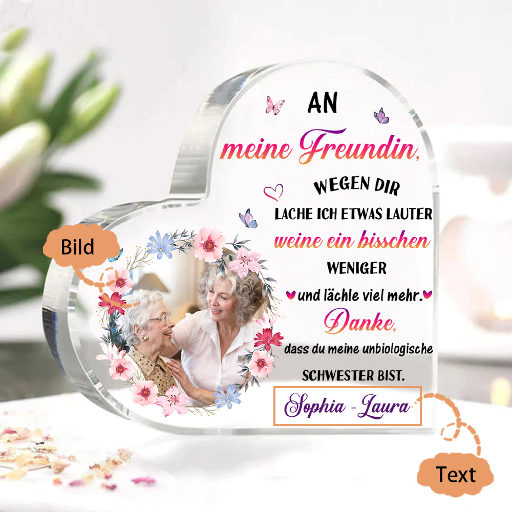 Personalisierter 1 Text & Foto Herz Acryl-Deko -Danke, dass du meine unbiologische Schwester bist.- Schreibtischdekoration für beste Freundin