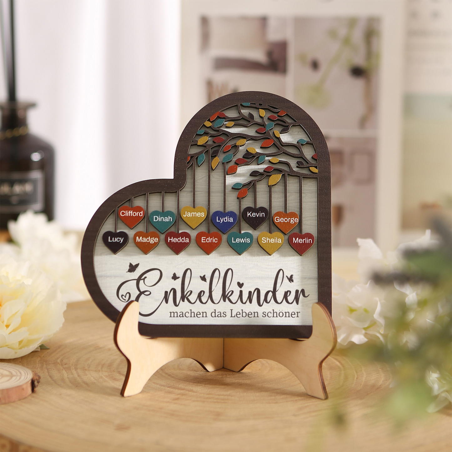 Personalisierte 2-15 Namen Holz Stammbaum Ornament-Enkelkinder machen das Leben schöner-Herz Familienstammbaum Schreibdekoration