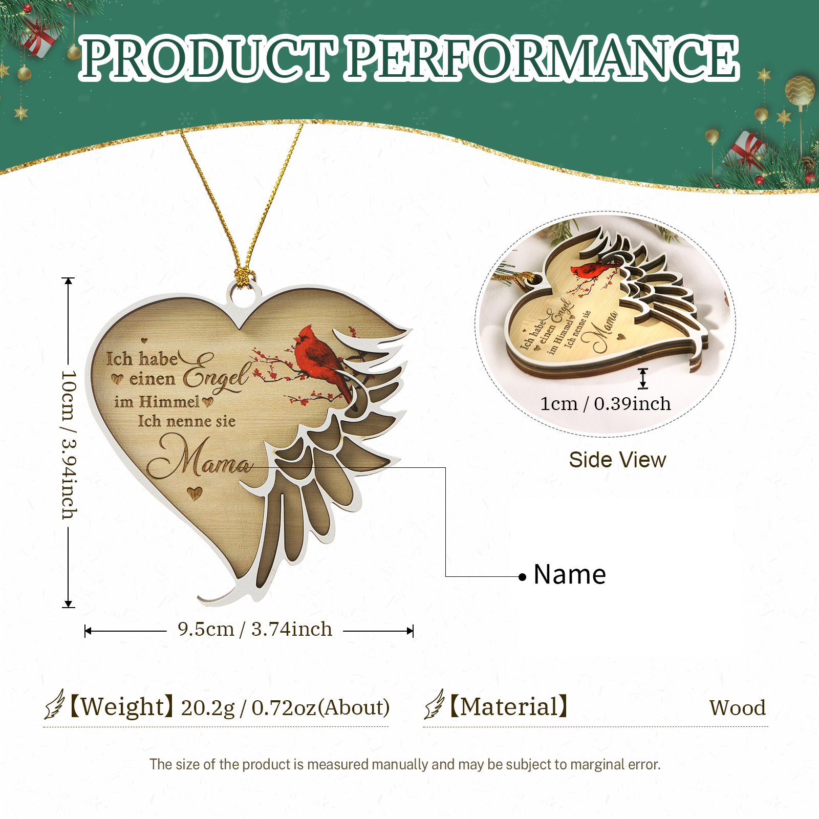 Holz Weihnachtsornament - Personalisierter 1 Name – Ich habe einen Engel im Himmel und nenne sie/ihn Mama/Papa – Weihnachtliche Erinnerungsdekoration