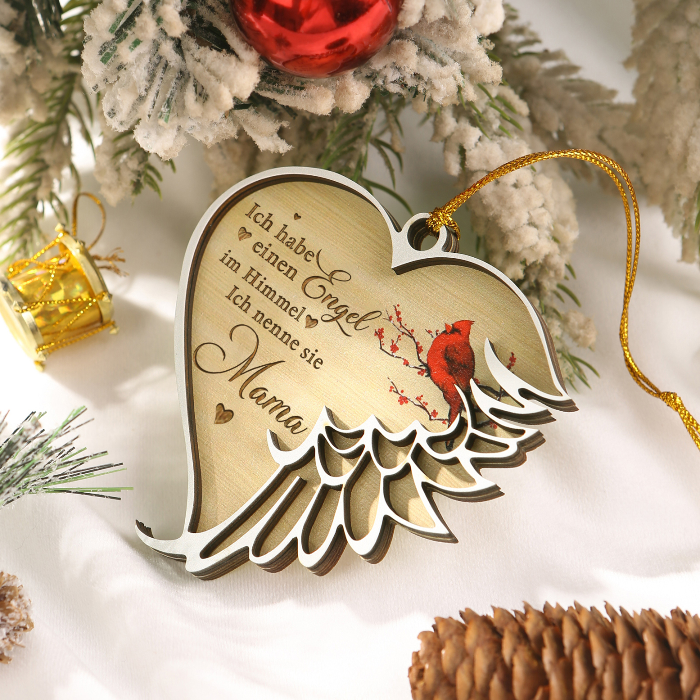 Holz Weihnachtsornament - Personalisierter 1 Name – Ich habe einen Engel im Himmel und nenne sie/ihn Mama/Papa – Weihnachtliche Erinnerungsdekoration