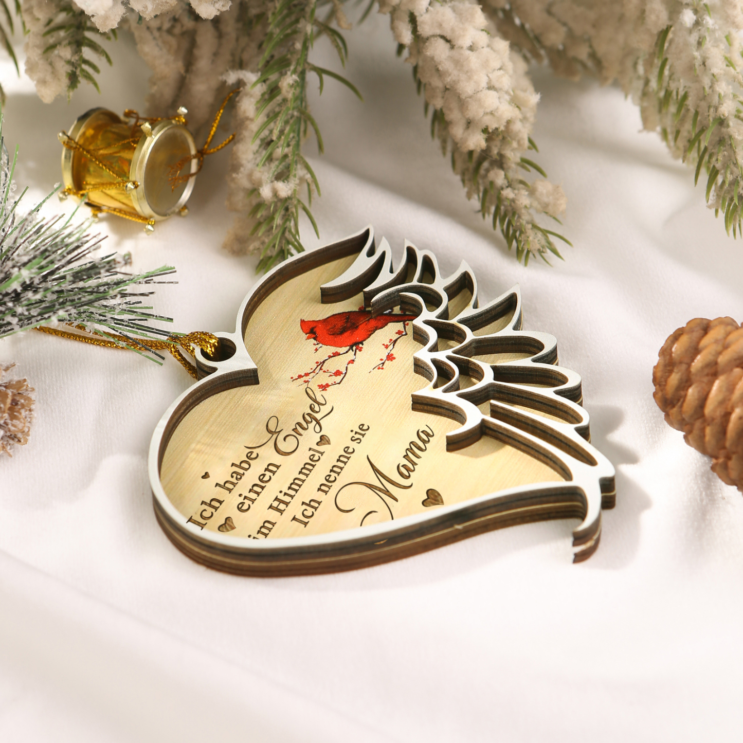Holz Weihnachtsornament - Personalisierter 1 Name – Ich habe einen Engel im Himmel und nenne sie/ihn Mama/Papa – Weihnachtliche Erinnerungsdekoration