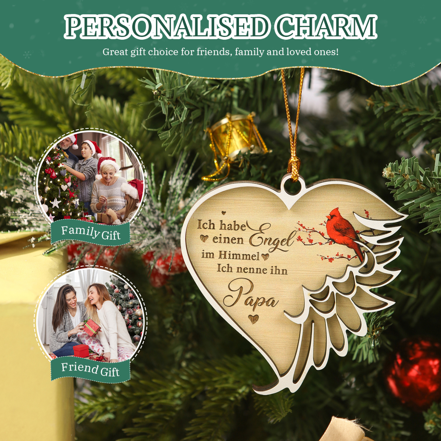 Holz Weihnachtsornament - Personalisierter 1 Name – Ich habe einen Engel im Himmel und nenne sie/ihn Mama/Papa – Weihnachtliche Erinnerungsdekoration