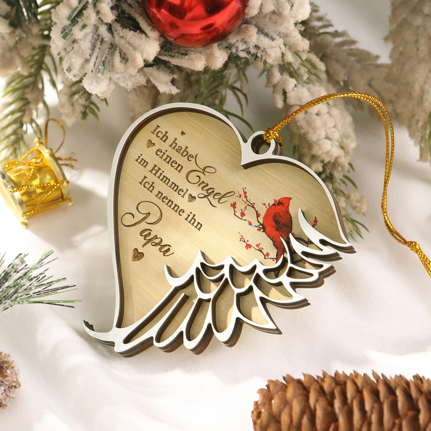 Holz Weihnachtsornament - Personalisierter 1 Name – Ich habe einen Engel im Himmel und nenne sie/ihn Mama/Papa – Weihnachtliche Erinnerungsdekoration
