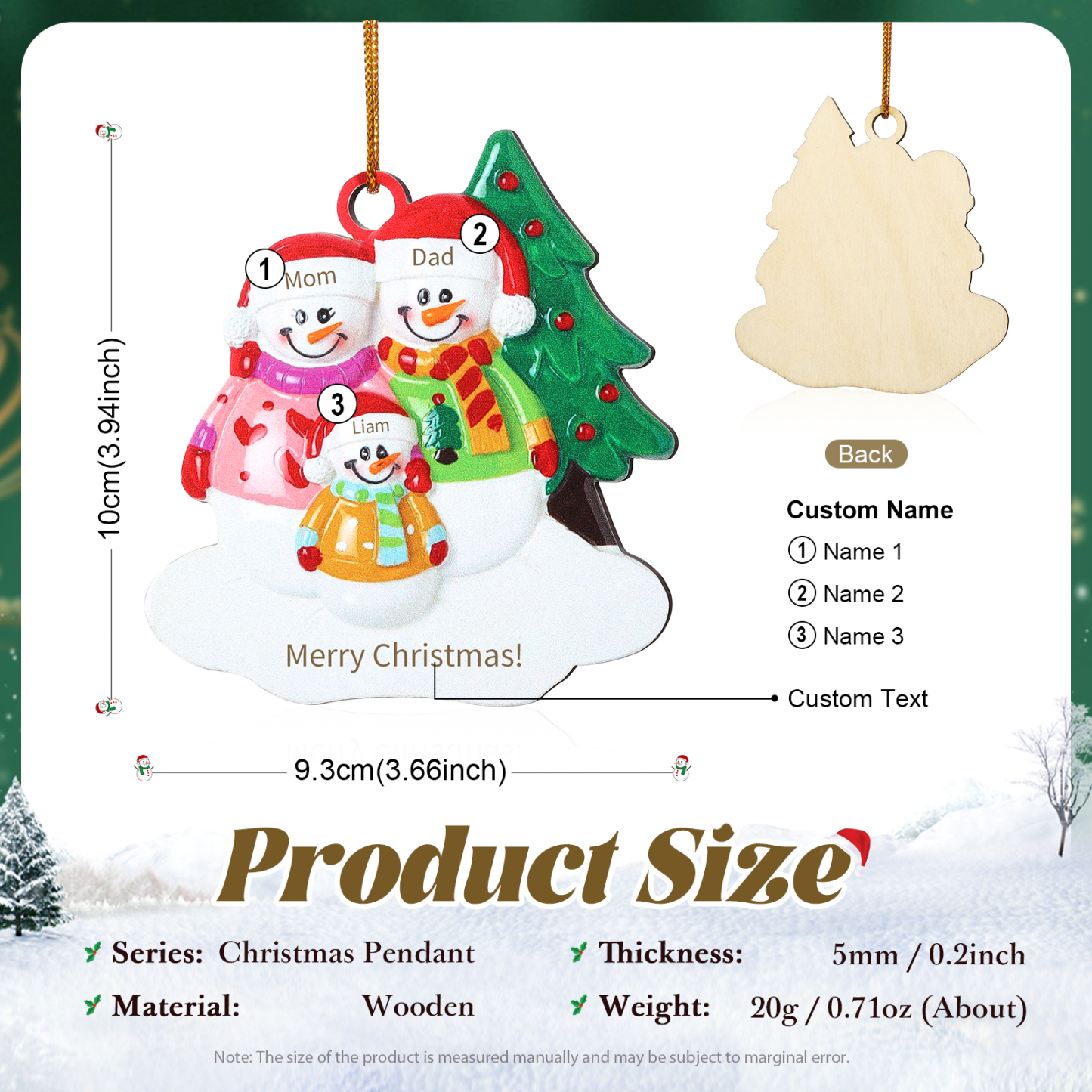 Holz Personalisierter 3-5 Namen & Text Weihnachtsornament – Schneemann-Familie Holzanhänger