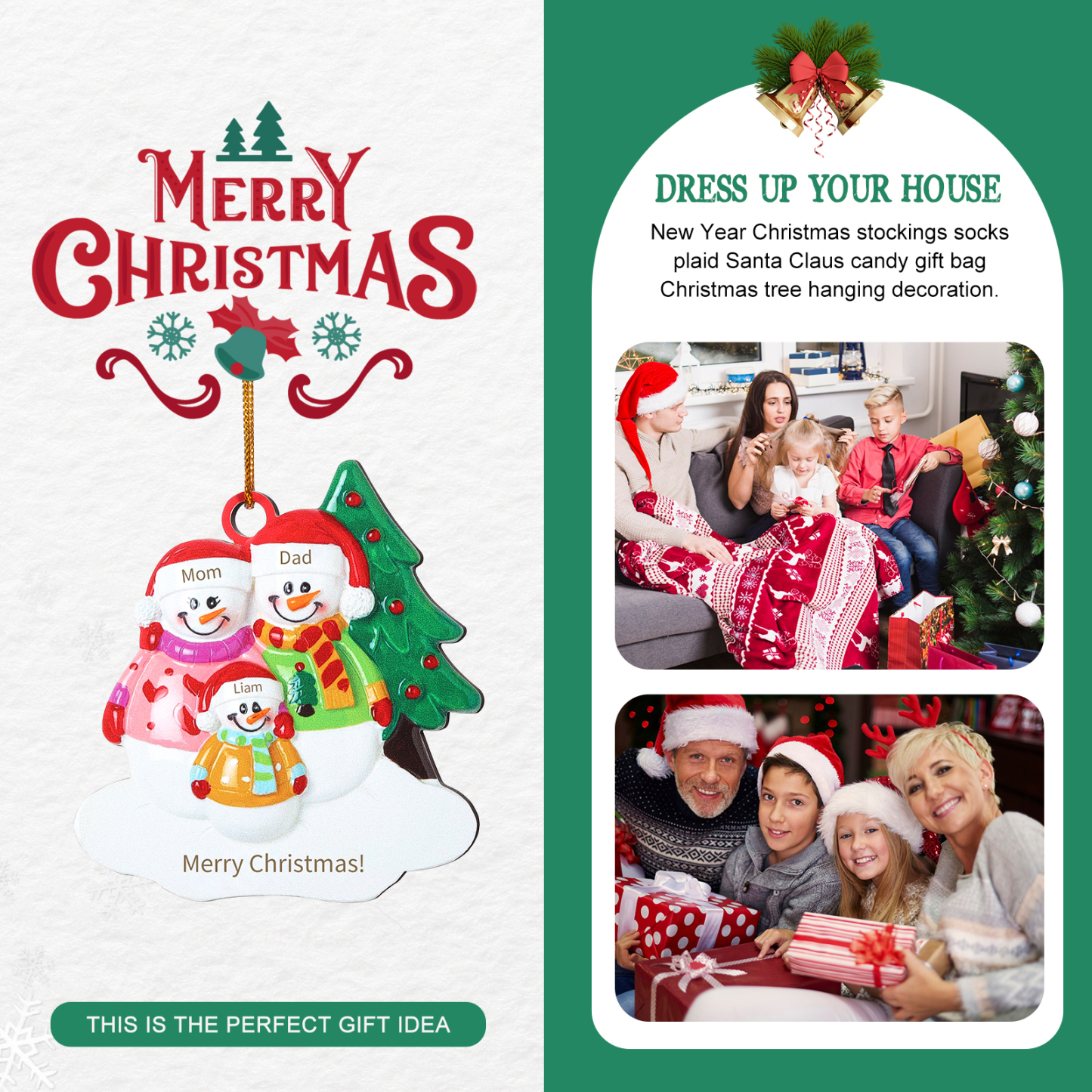 Holz Personalisierter 3-5 Namen & Text Weihnachtsornament – Schneemann-Familie Holzanhänger