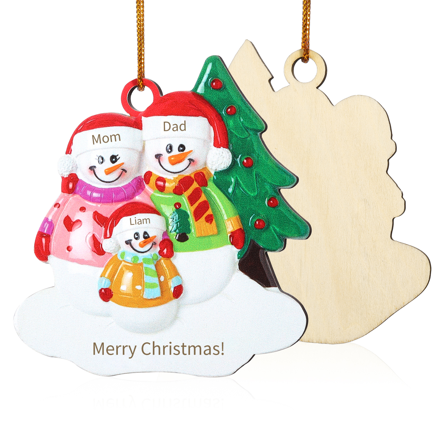 Holz Personalisierter 3-5 Namen & Text Weihnachtsornament – Schneemann-Familie Holzanhänger