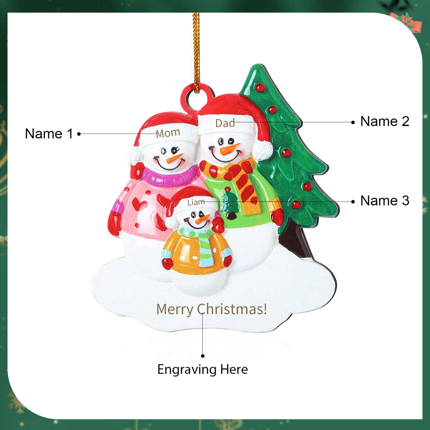 Holz Personalisierter 3-5 Namen & Text Weihnachtsornament – Schneemann-Familie Holzanhänger