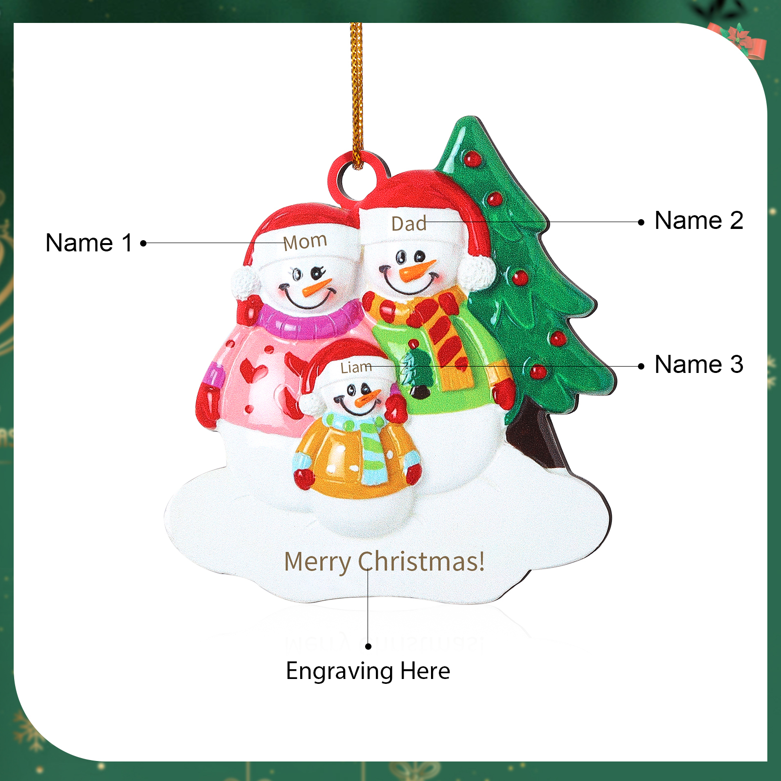 Holz Personalisierter 3-5 Namen & Text Weihnachtsornament – Schneemann-Familie Holzanhänger