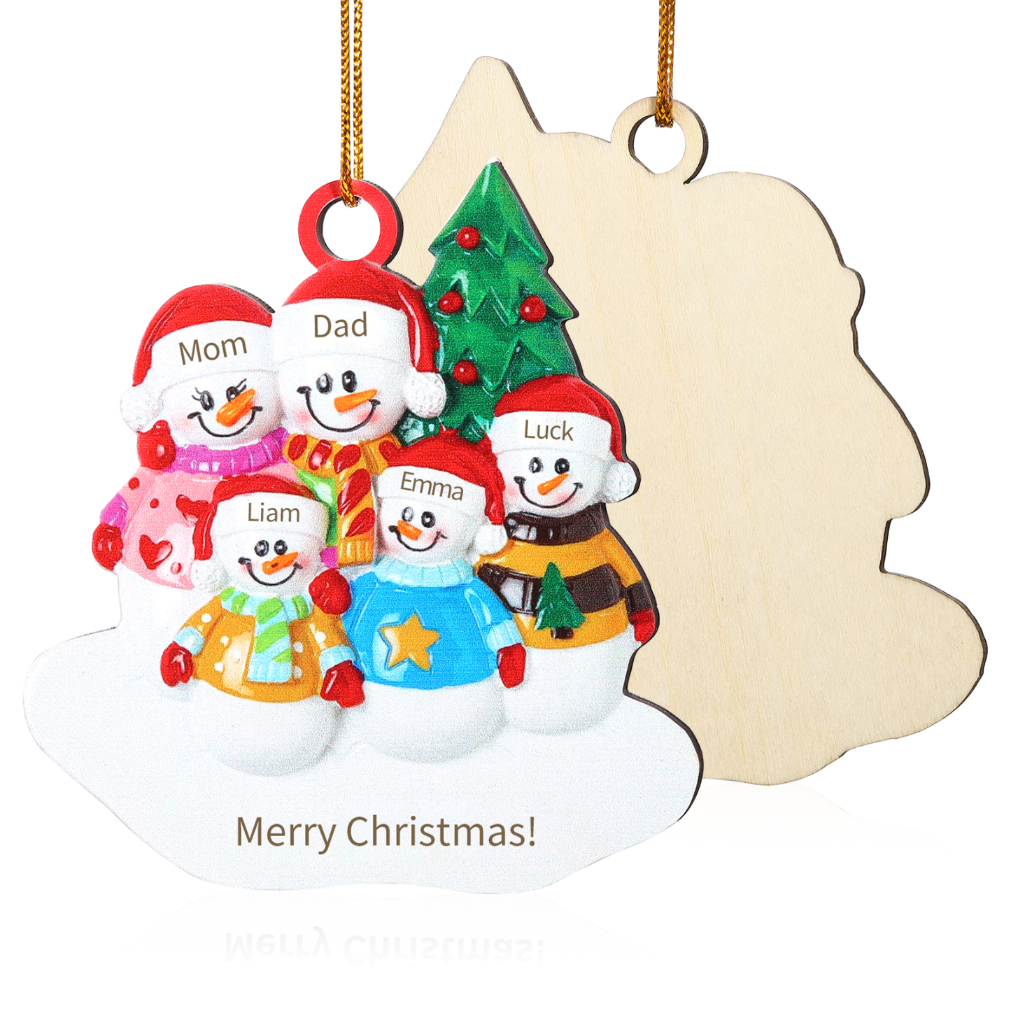 Holz Personalisierter 3-5 Namen & Text Weihnachtsornament – Schneemann-Familie Holzanhänger