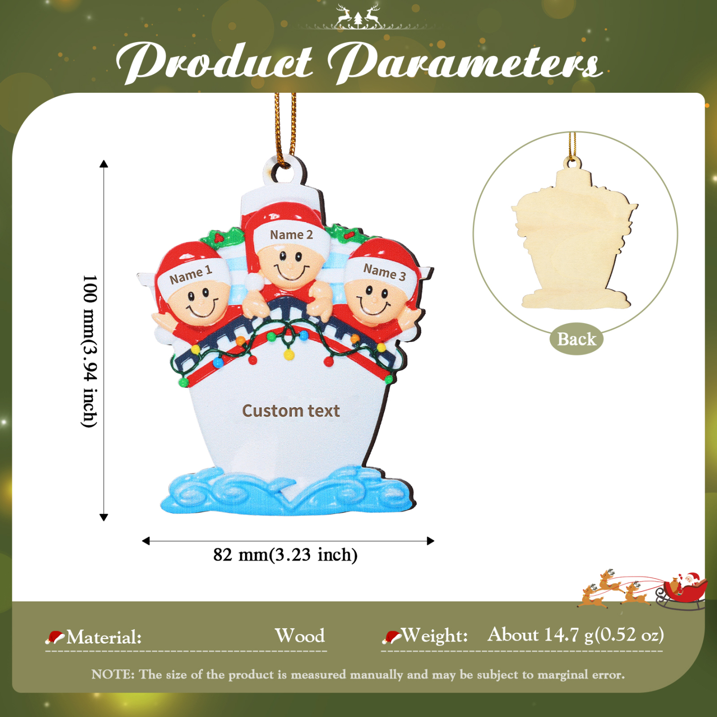 Personalisierter 3-5 Namen & Text Weihnachtsornament – Holzanhänger mit Schiffsmotiv
