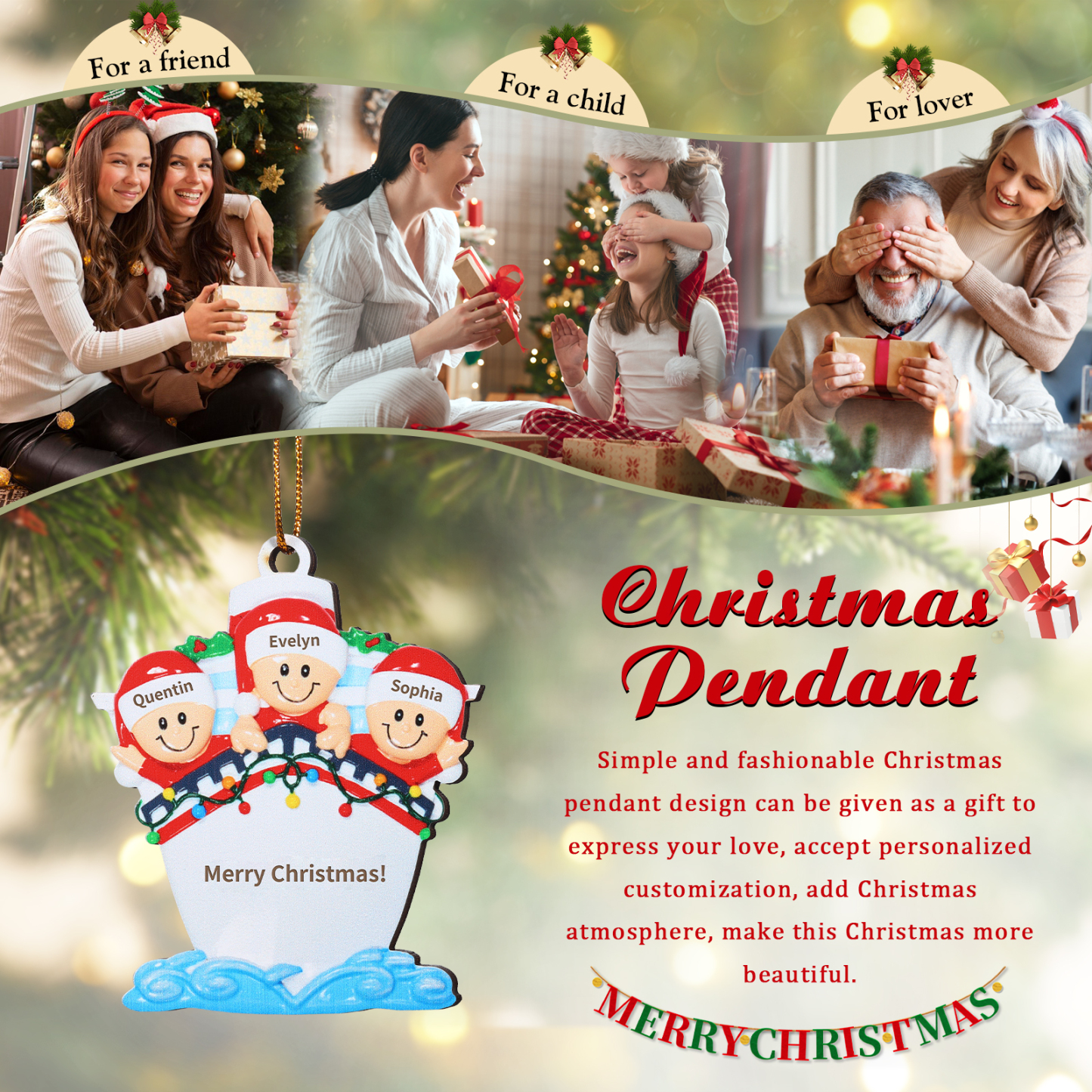 Personalisierter 3-5 Namen & Text Weihnachtsornament – Holzanhänger mit Schiffsmotiv