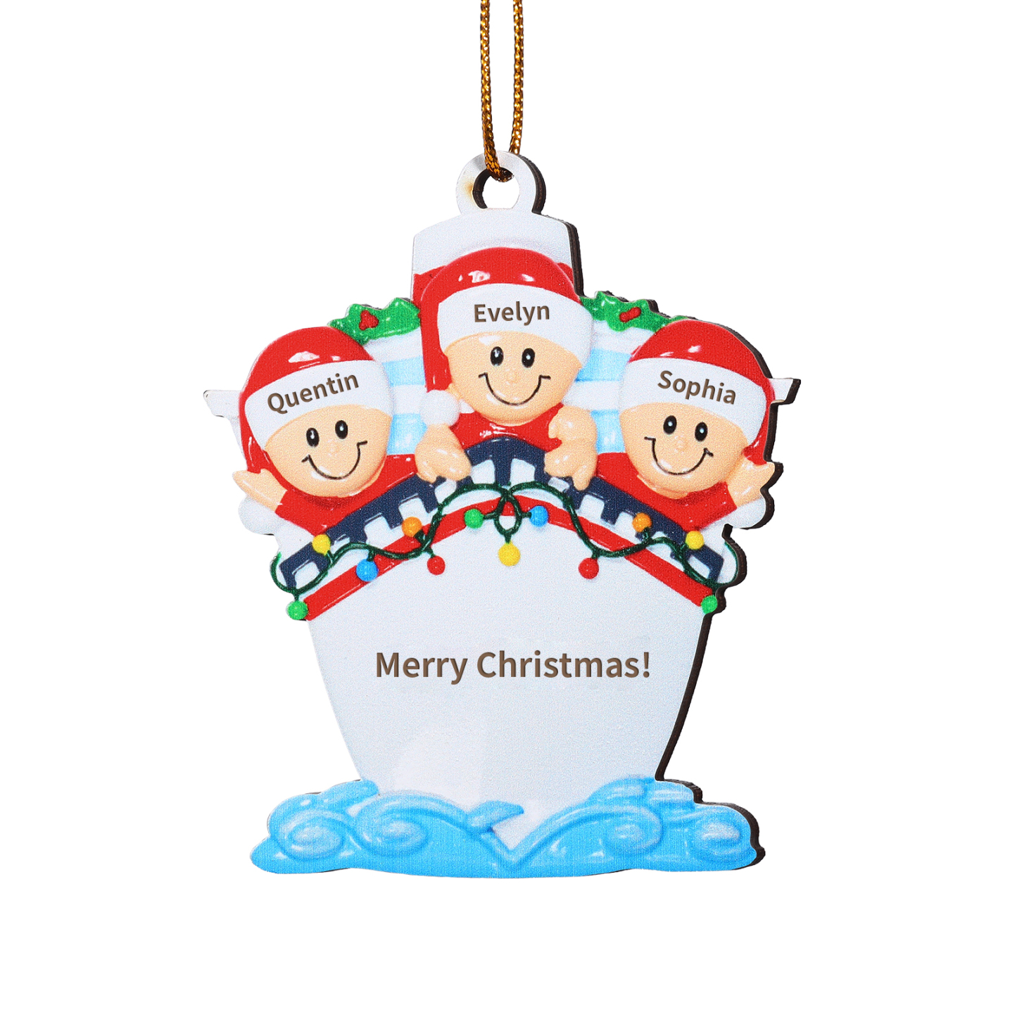 Personalisierter 3-5 Namen & Text Weihnachtsornament – Holzanhänger mit Schiffsmotiv