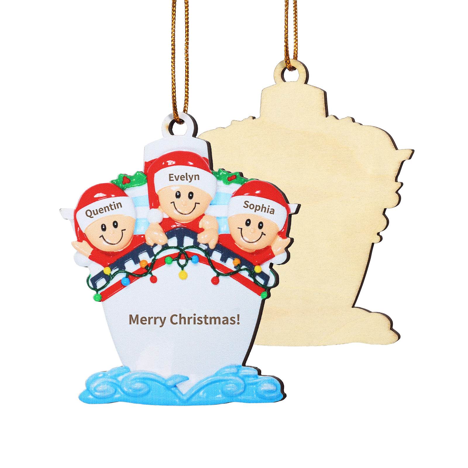 Personalisierter 3-5 Namen & Text Weihnachtsornament – Holzanhänger mit Schiffsmotiv