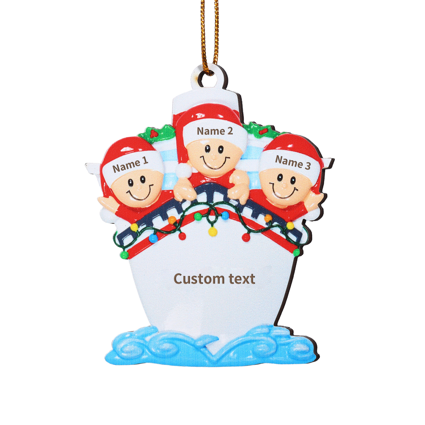 Personalisierter 3-5 Namen & Text Weihnachtsornament – Holzanhänger mit Schiffsmotiv