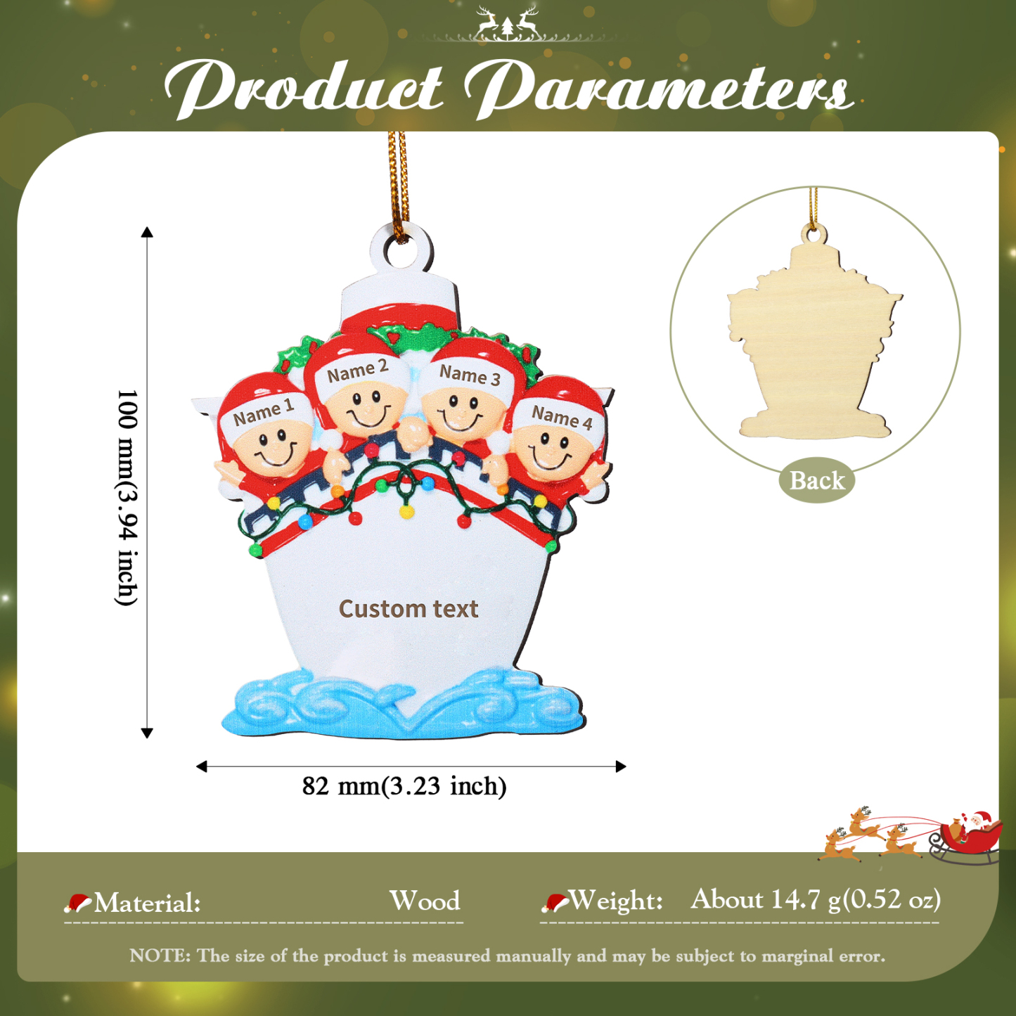 Personalisierter 3-5 Namen & Text Weihnachtsornament – Holzanhänger mit Schiffsmotiv