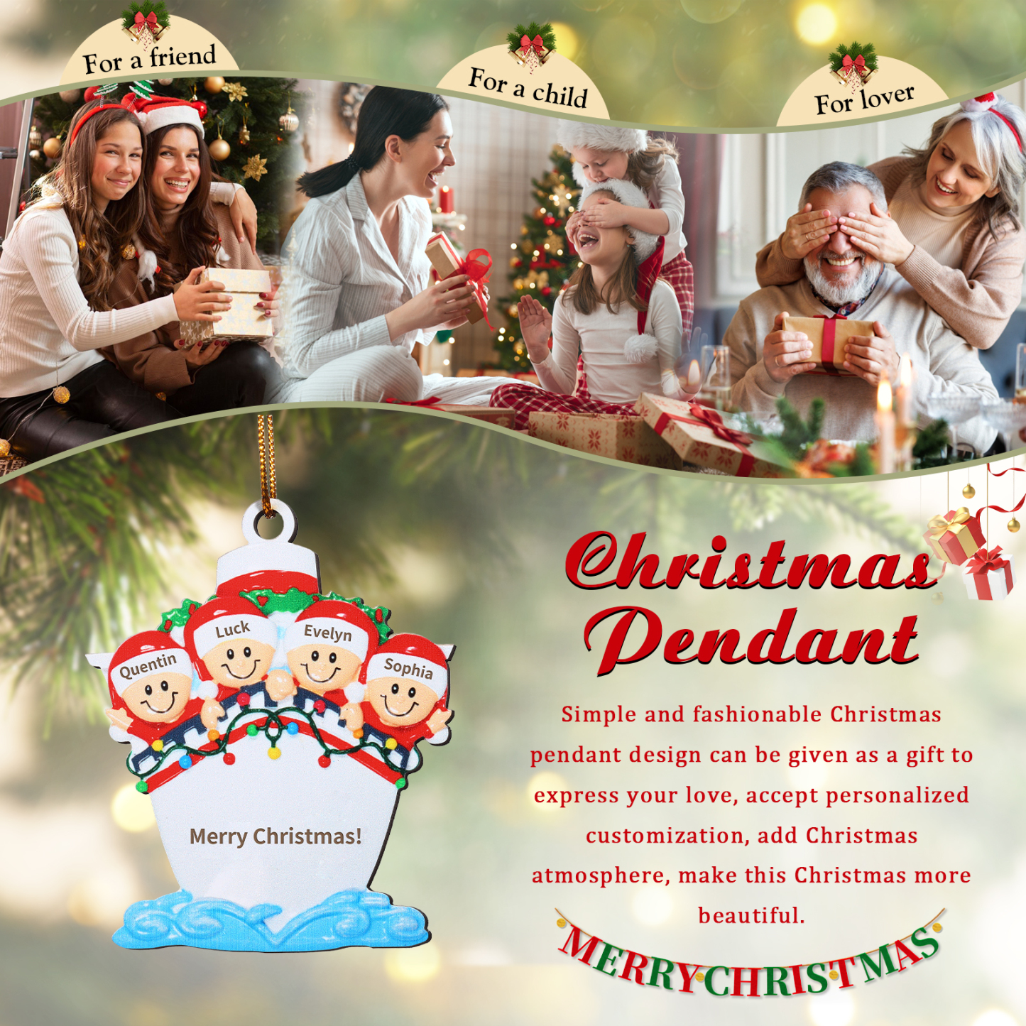 Personalisierter 3-5 Namen & Text Weihnachtsornament – Holzanhänger mit Schiffsmotiv