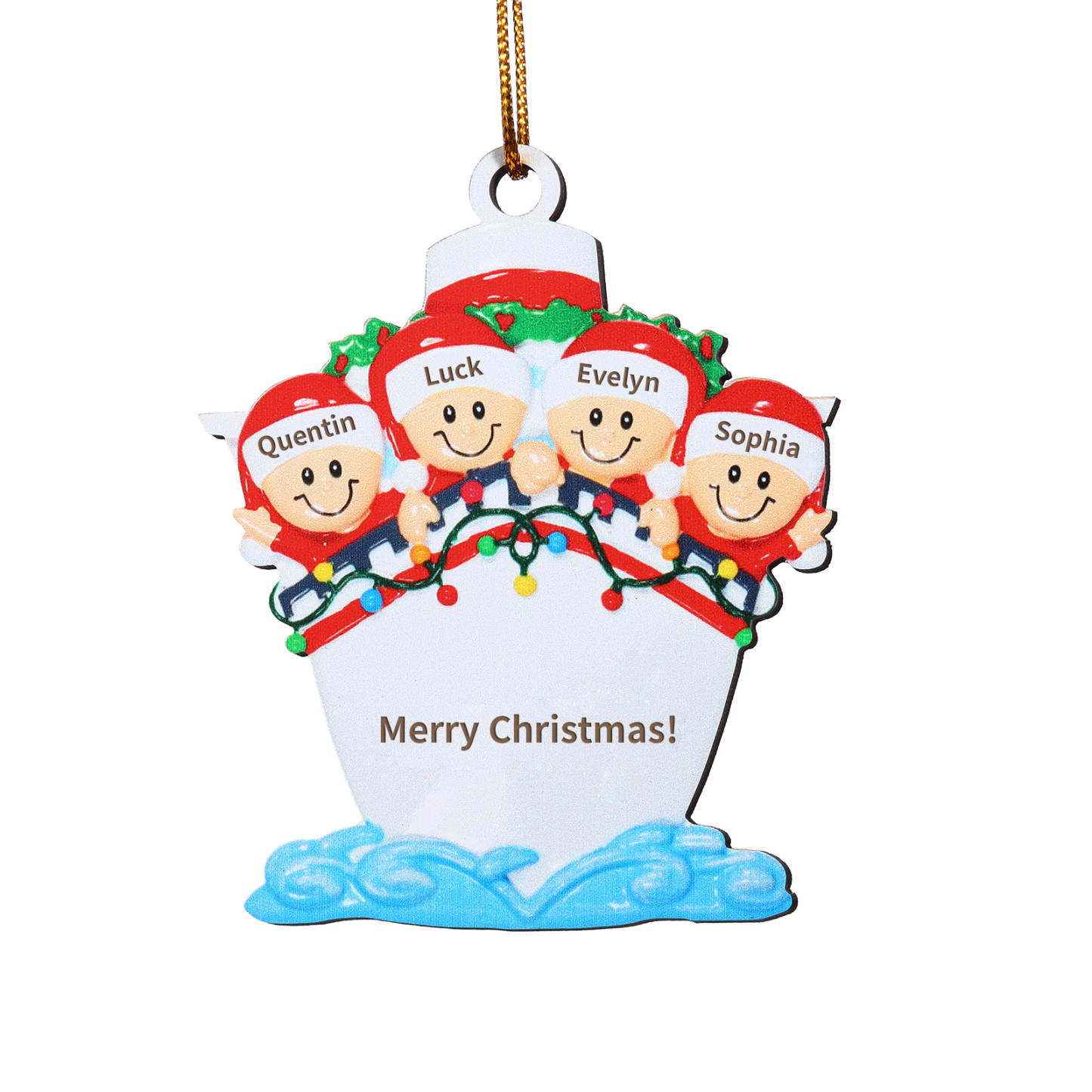 Personalisierter 3-5 Namen & Text Weihnachtsornament – Holzanhänger mit Schiffsmotiv