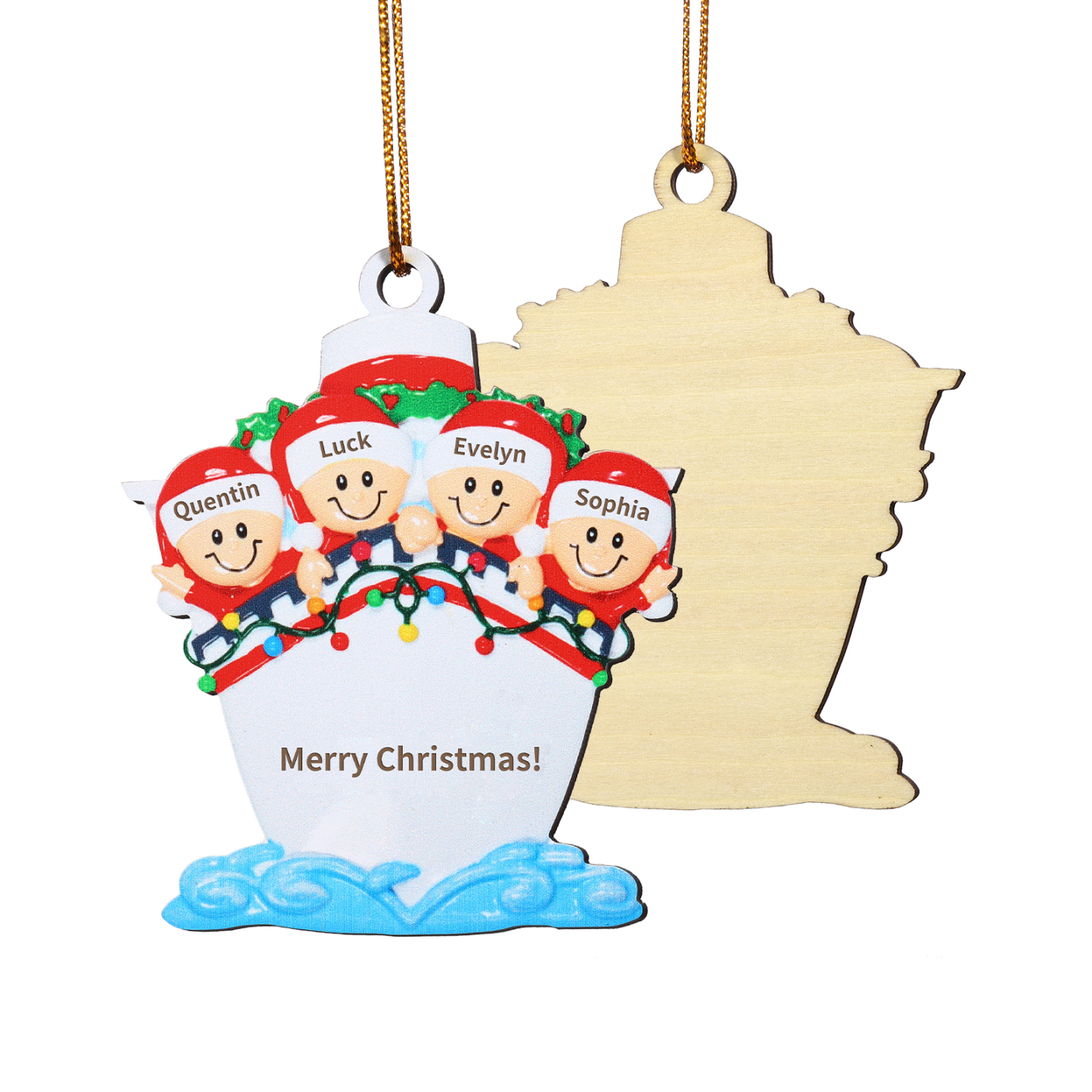 Personalisierter 3-5 Namen & Text Weihnachtsornament – Holzanhänger mit Schiffsmotiv