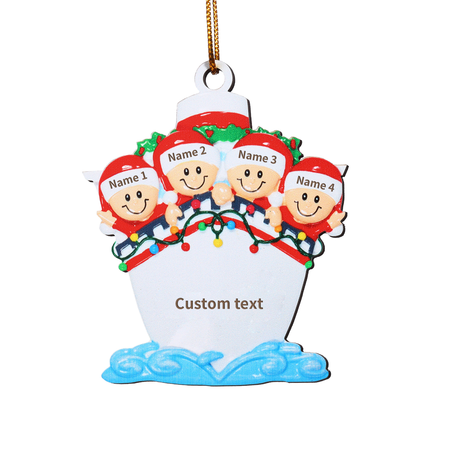 Personalisierter 3-5 Namen & Text Weihnachtsornament – Holzanhänger mit Schiffsmotiv