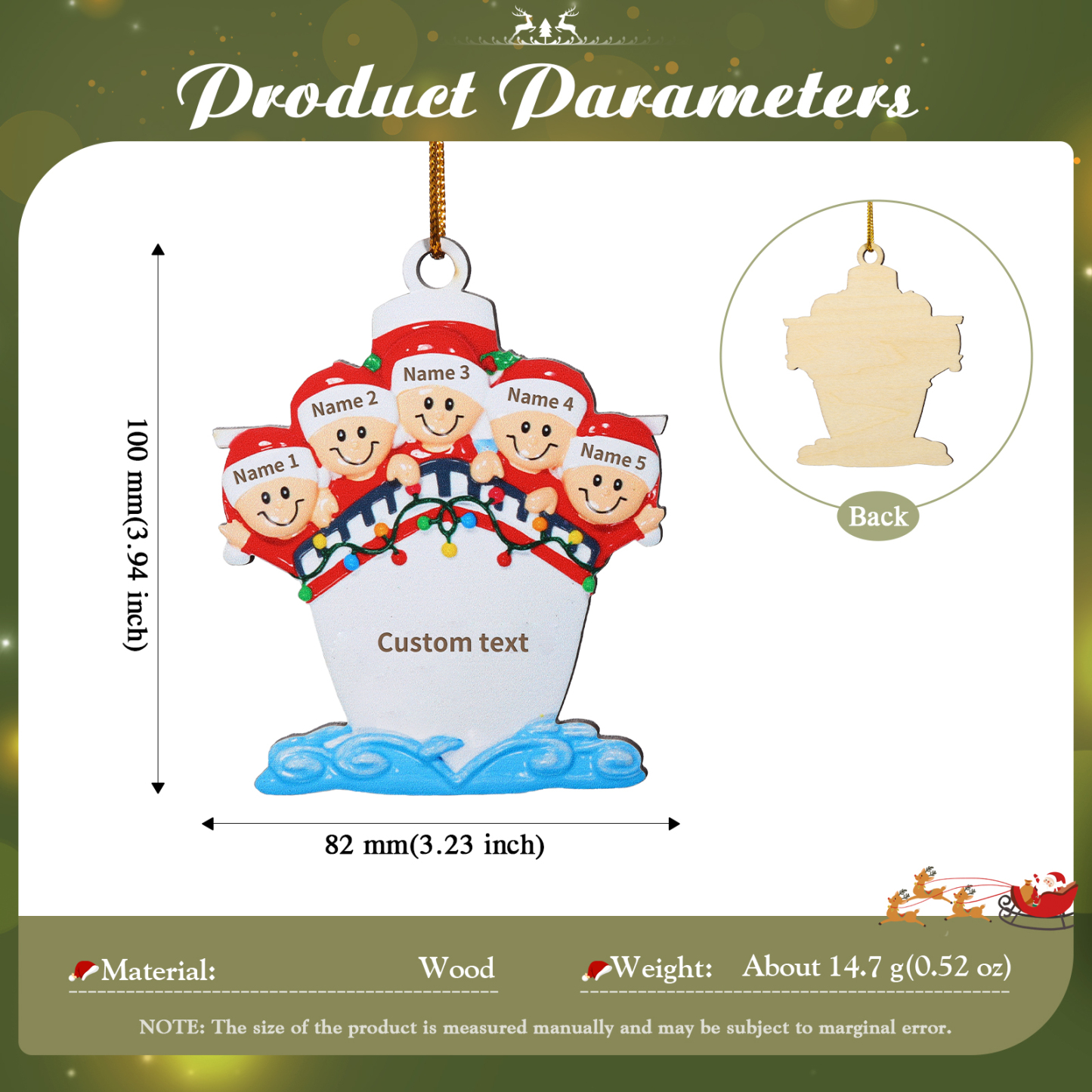 Personalisierter 3-5 Namen & Text Weihnachtsornament – Holzanhänger mit Schiffsmotiv