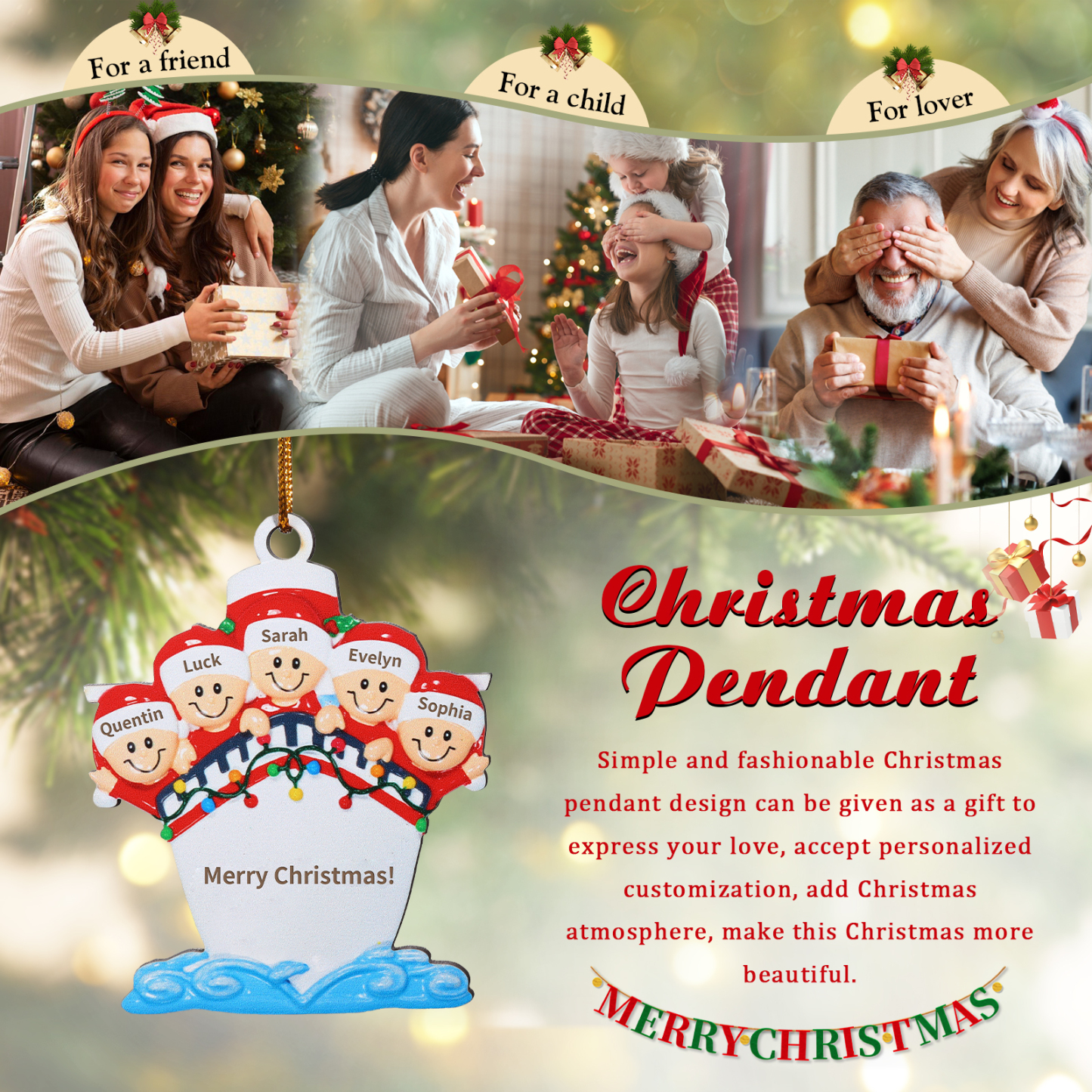 Personalisierter 3-5 Namen & Text Weihnachtsornament – Holzanhänger mit Schiffsmotiv