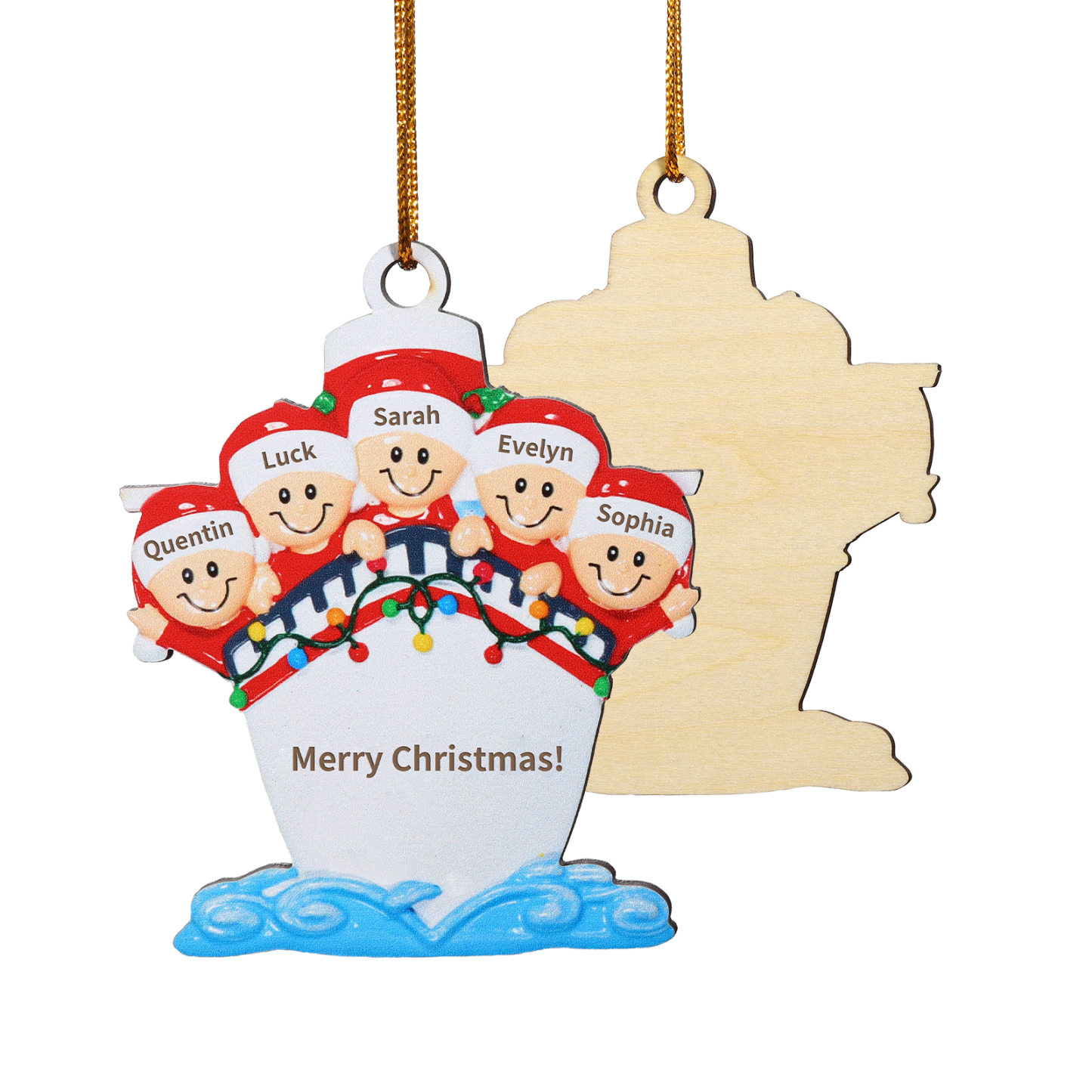 Personalisierter 3-5 Namen & Text Weihnachtsornament – Holzanhänger mit Schiffsmotiv