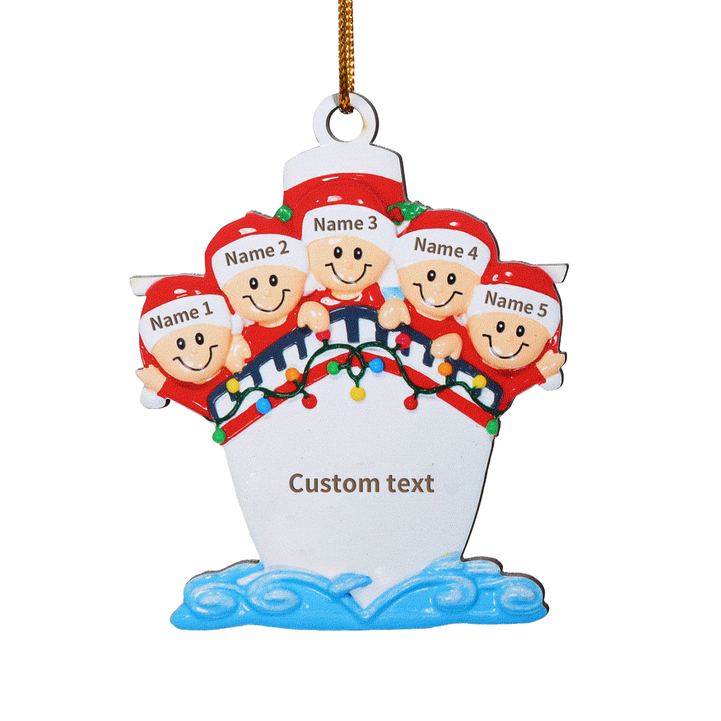 Personalisierter 3-5 Namen & Text Weihnachtsornament – Holzanhänger mit Schiffsmotiv