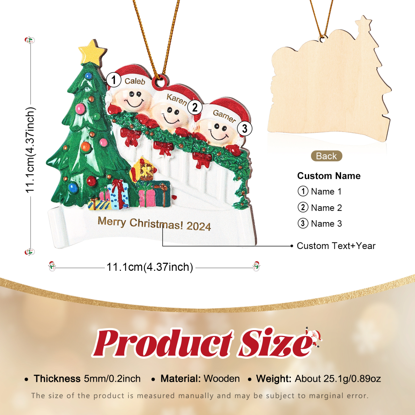 Holz Weihnachtsornament-Personalisierte 2-6 Namen & Text & Jahr Weihnachtsszene mit Baum & Geschenken Weihnachts-Anhänger