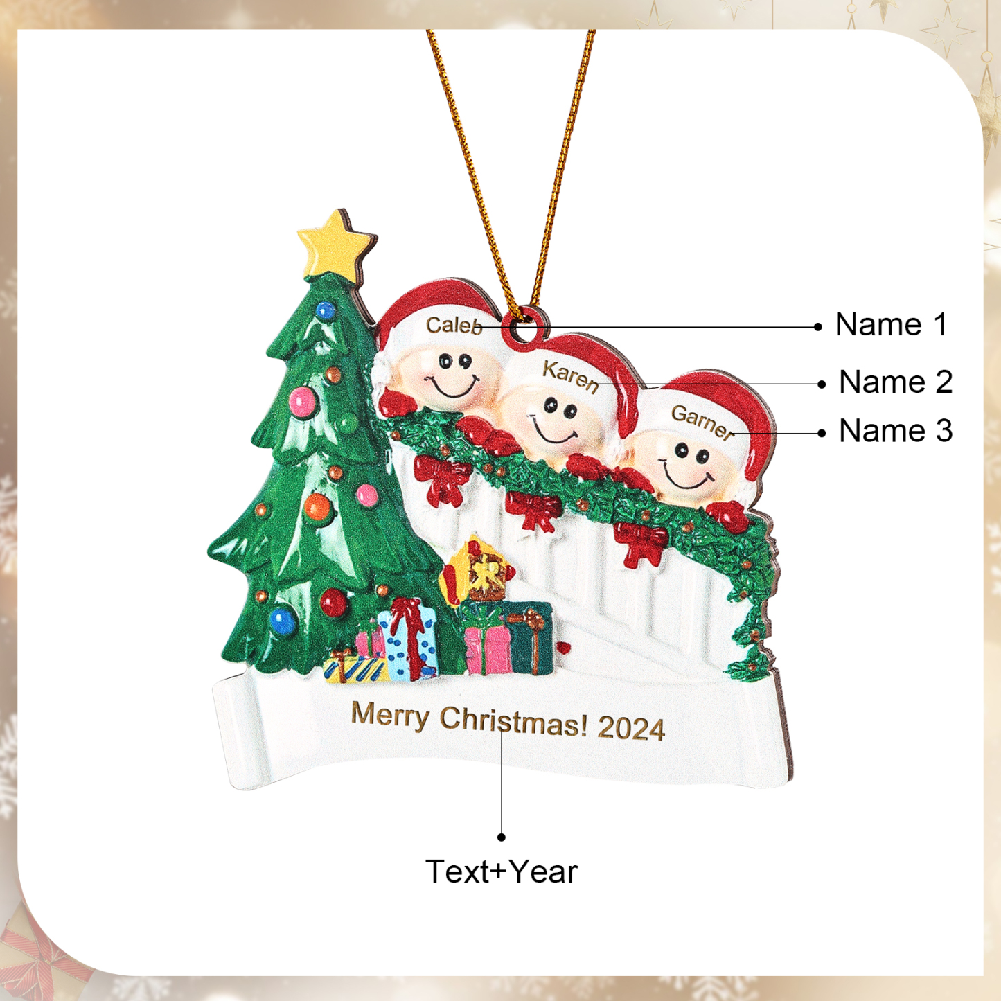 Holz Weihnachtsornament-Personalisierte 2-6 Namen & Text & Jahr Weihnachtsszene mit Baum & Geschenken Weihnachts-Anhänger
