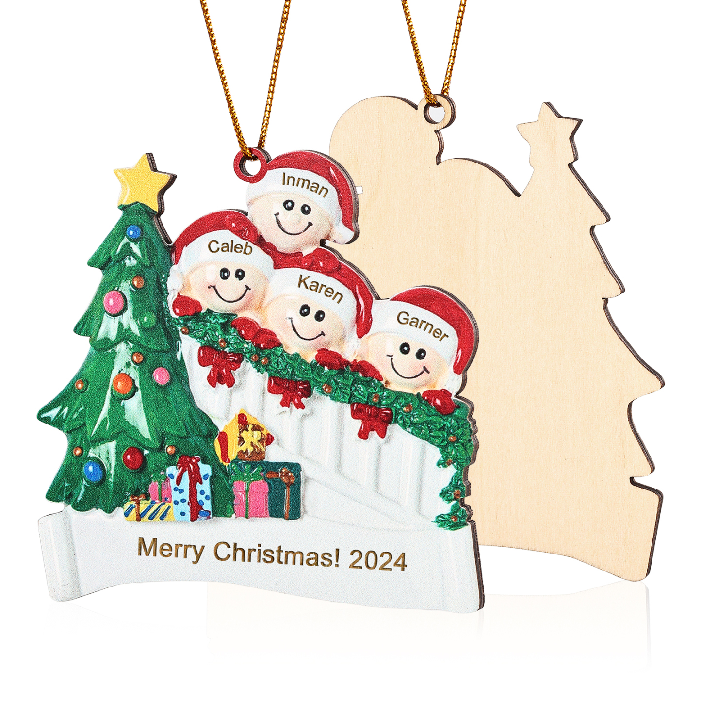 Holz Weihnachtsornament-Personalisierte 2-6 Namen & Text & Jahr Weihnachtsszene mit Baum & Geschenken Weihnachts-Anhänger