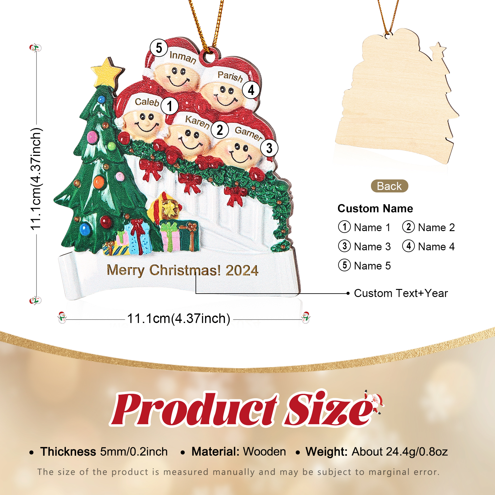 Holz Weihnachtsornament-Personalisierte 2-6 Namen & Text & Jahr Weihnachtsszene mit Baum & Geschenken Weihnachts-Anhänger