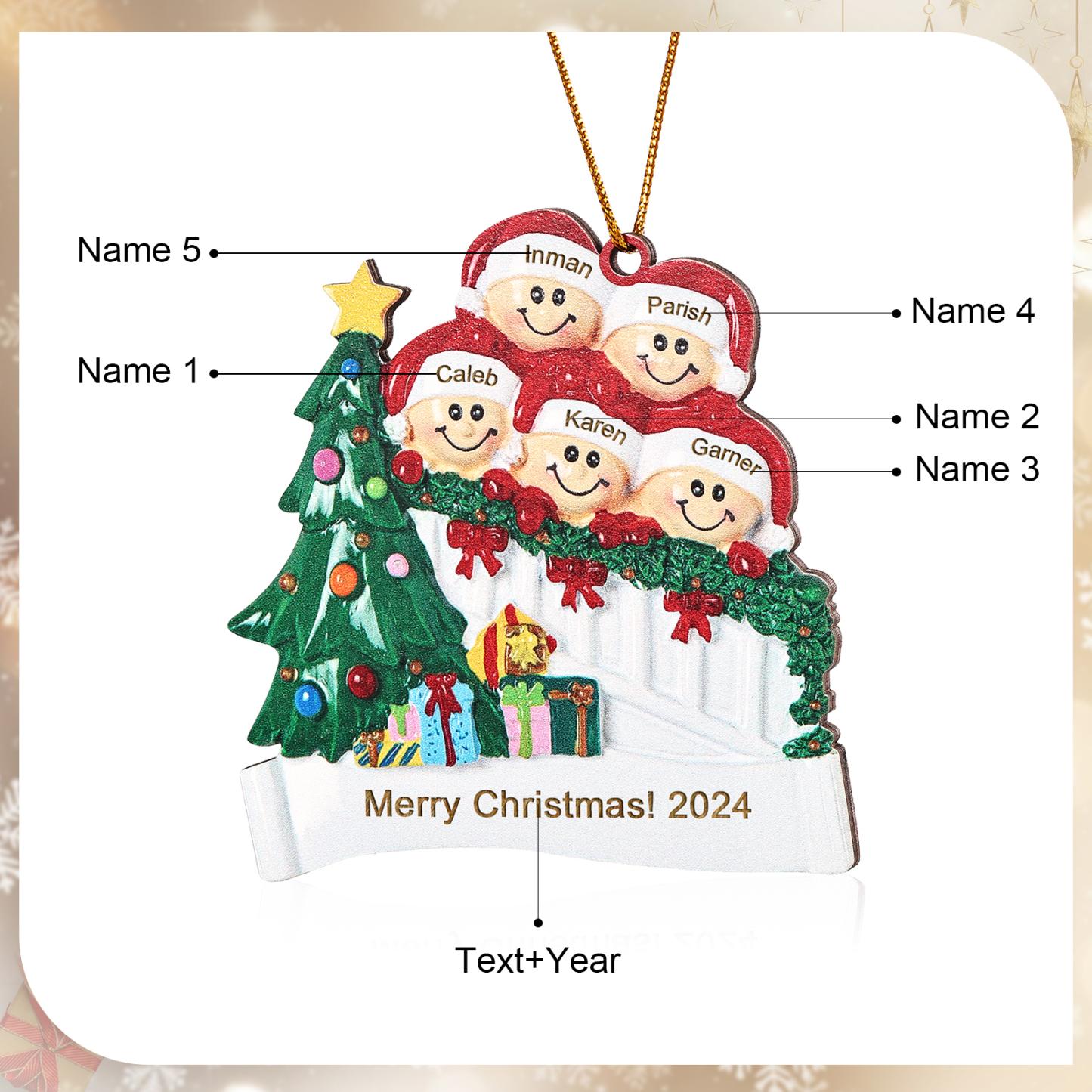 Holz Weihnachtsornament-Personalisierte 2-6 Namen & Text & Jahr Weihnachtsszene mit Baum & Geschenken Weihnachts-Anhänger