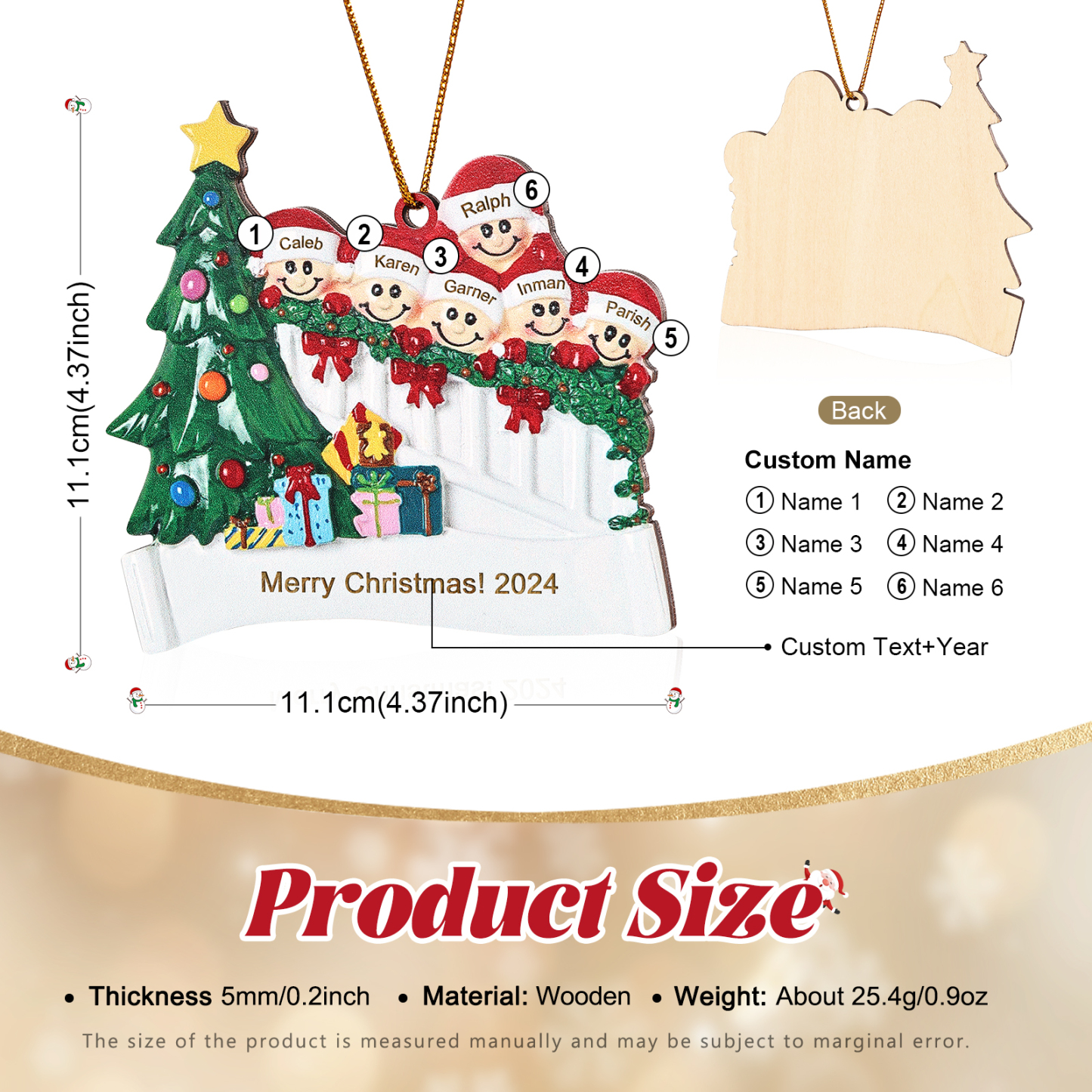 Holz Weihnachtsornament-Personalisierte 2-6 Namen & Text & Jahr Weihnachtsszene mit Baum & Geschenken Weihnachts-Anhänger