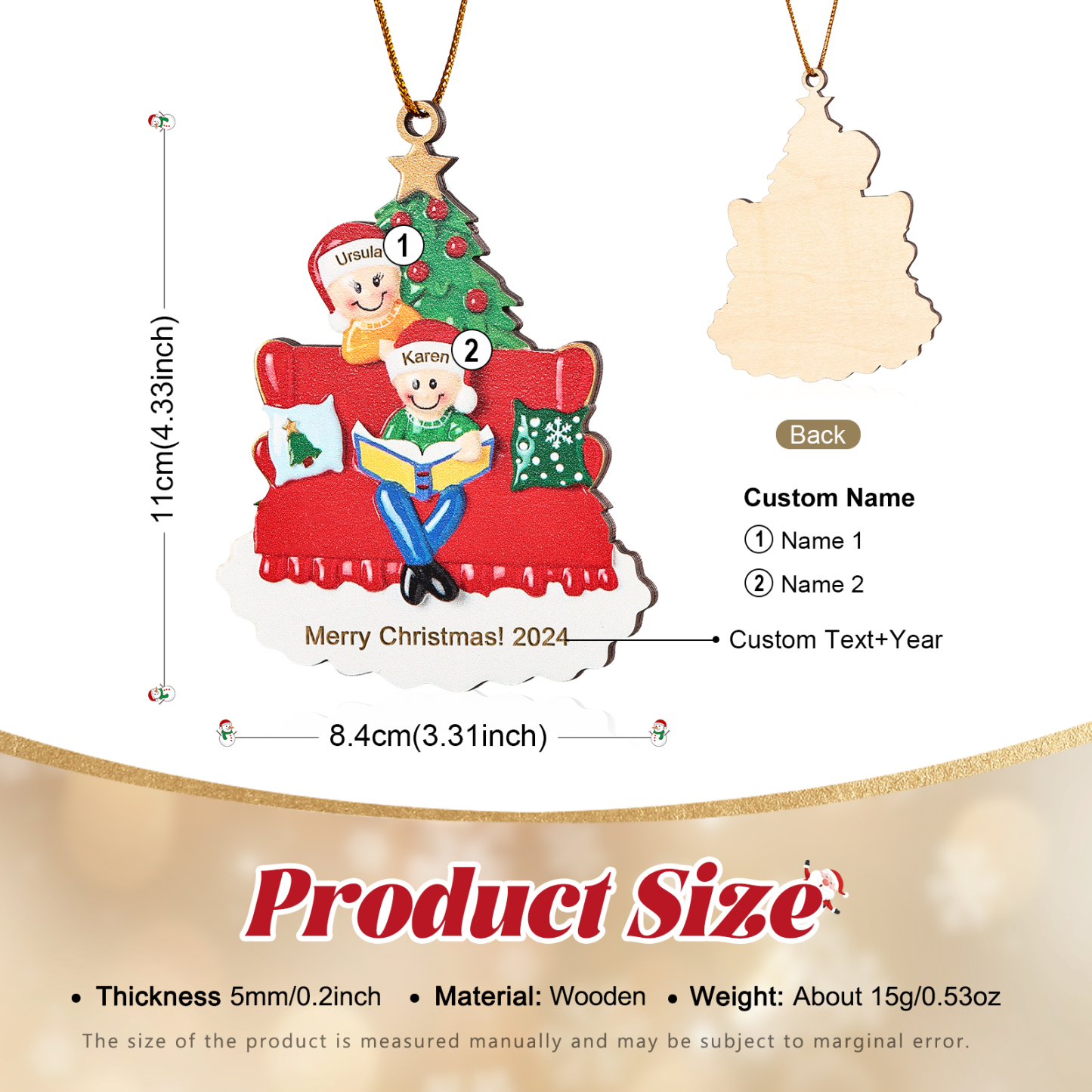 Holz Weihnachtsornament-Personalisierte 2-5 Namen & Text & Jahr Familie auf Sofa mit Buch & Weihnachtsbaum Holzanhänger