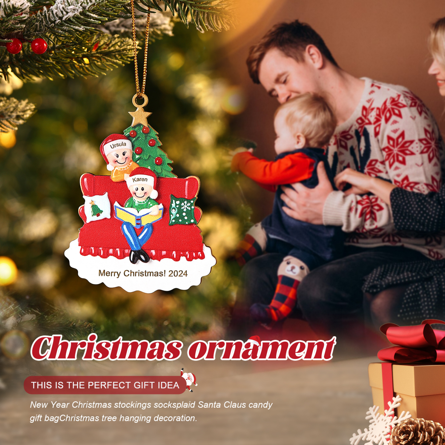 Holz Weihnachtsornament-Personalisierte 2-5 Namen & Text & Jahr Familie auf Sofa mit Buch & Weihnachtsbaum Holzanhänger