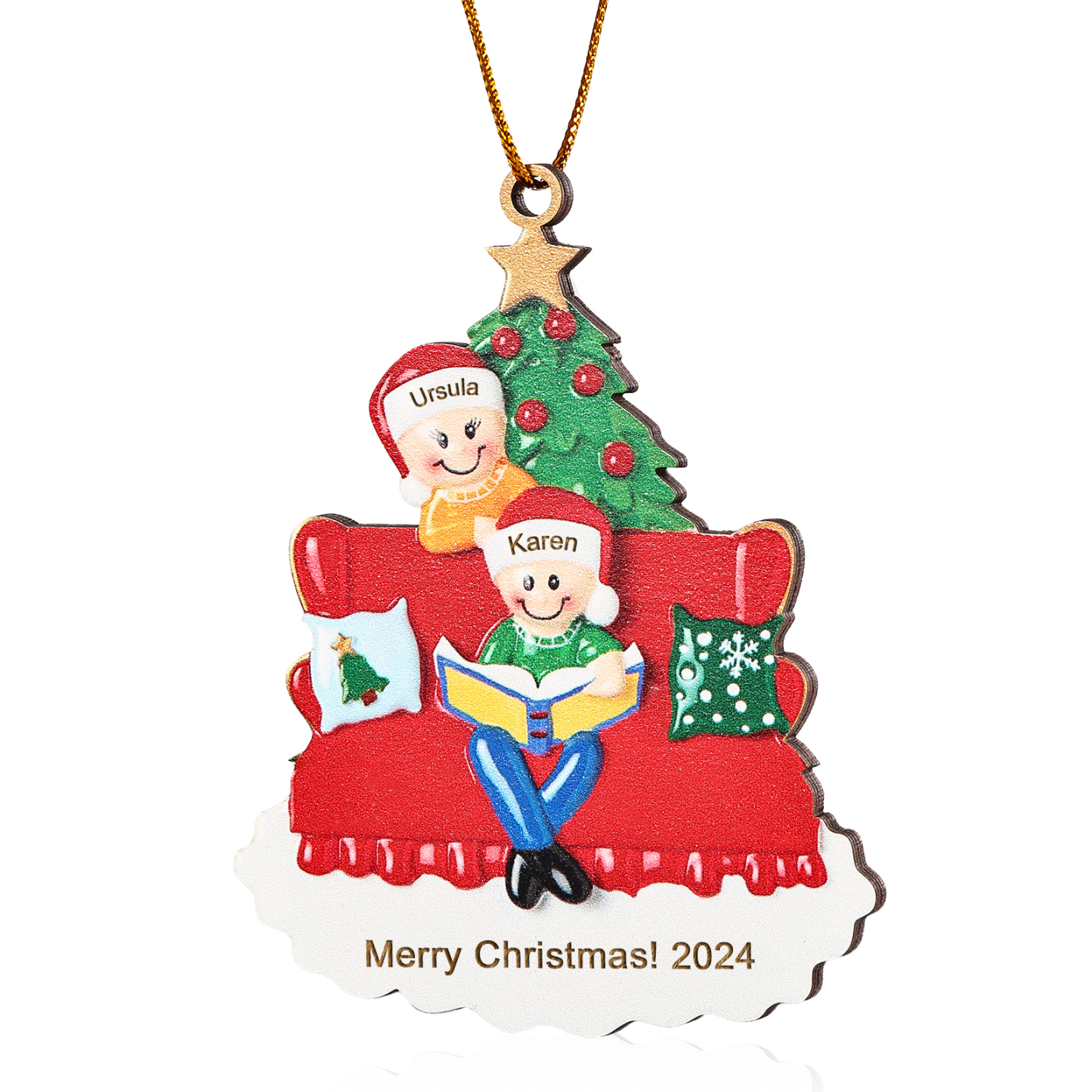 Holz Weihnachtsornament-Personalisierte 2-5 Namen & Text & Jahr Familie auf Sofa mit Buch & Weihnachtsbaum Holzanhänger