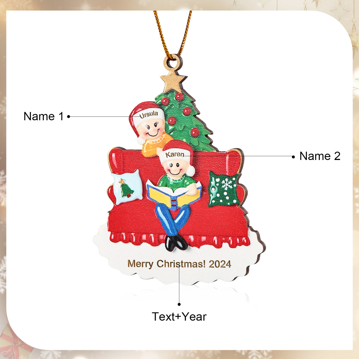 Holz Weihnachtsornament-Personalisierte 2-5 Namen & Text & Jahr Familie auf Sofa mit Buch & Weihnachtsbaum Holzanhänger