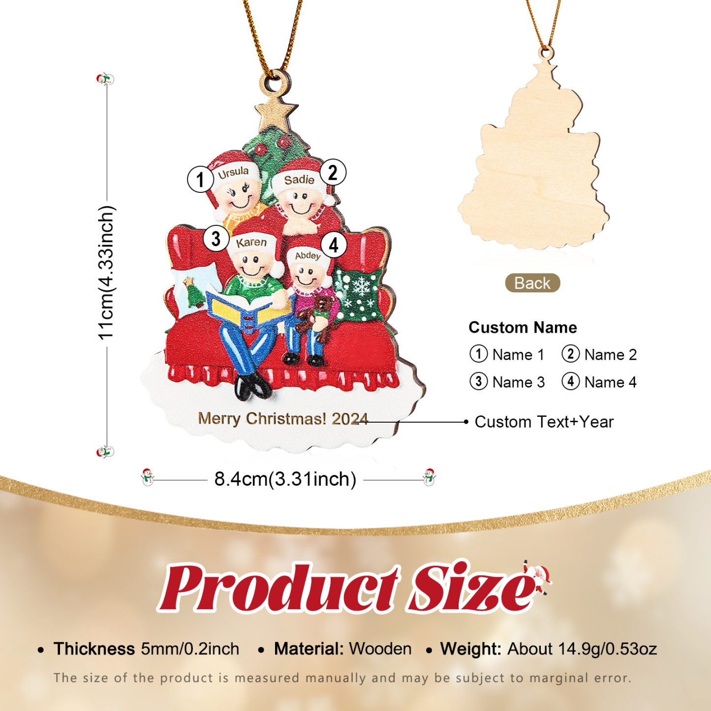 Holz Weihnachtsornament-Personalisierte 2-5 Namen & Text & Jahr Familie auf Sofa mit Buch & Weihnachtsbaum Holzanhänger
