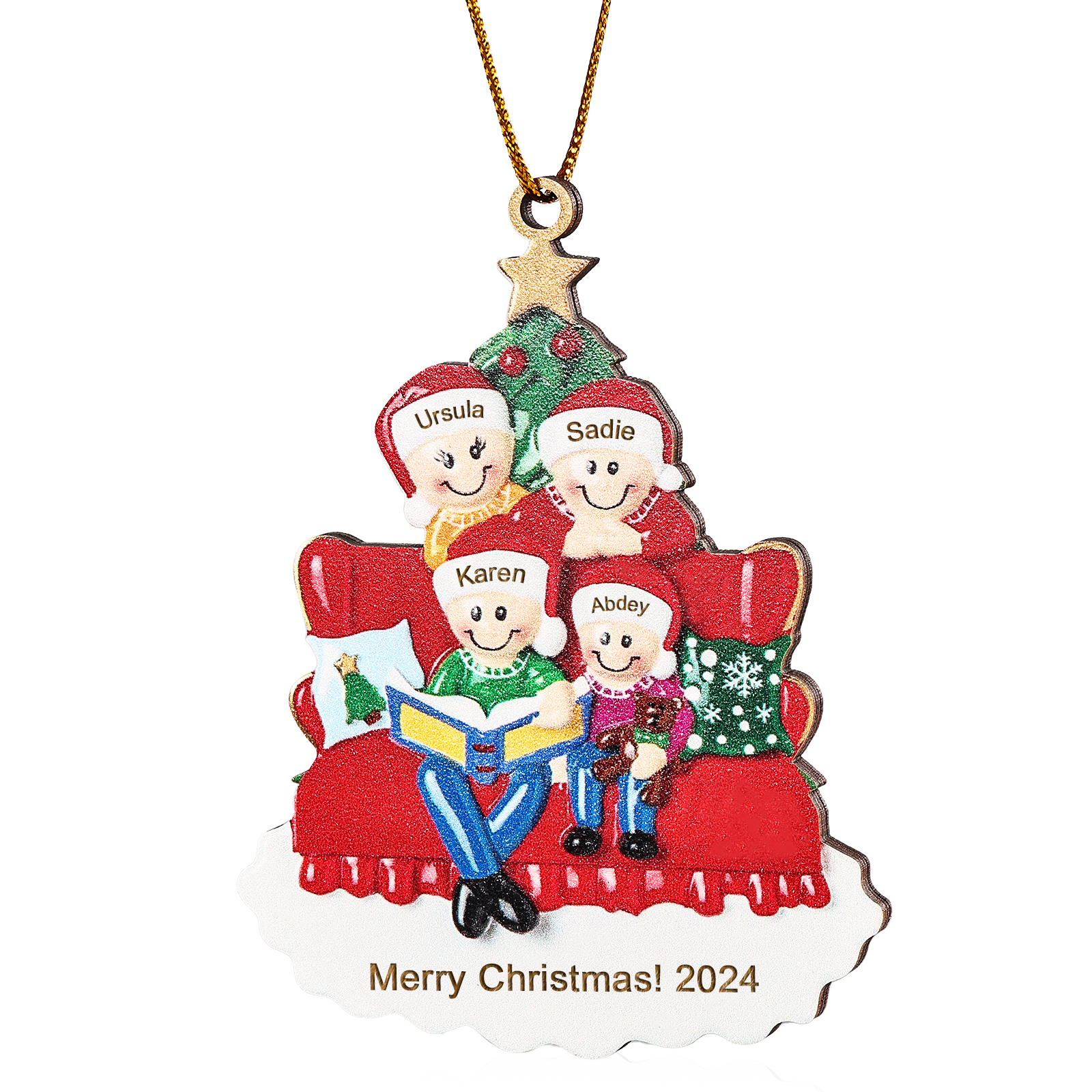 Holz Weihnachtsornament-Personalisierte 2-5 Namen & Text & Jahr Familie auf Sofa mit Buch & Weihnachtsbaum Holzanhänger