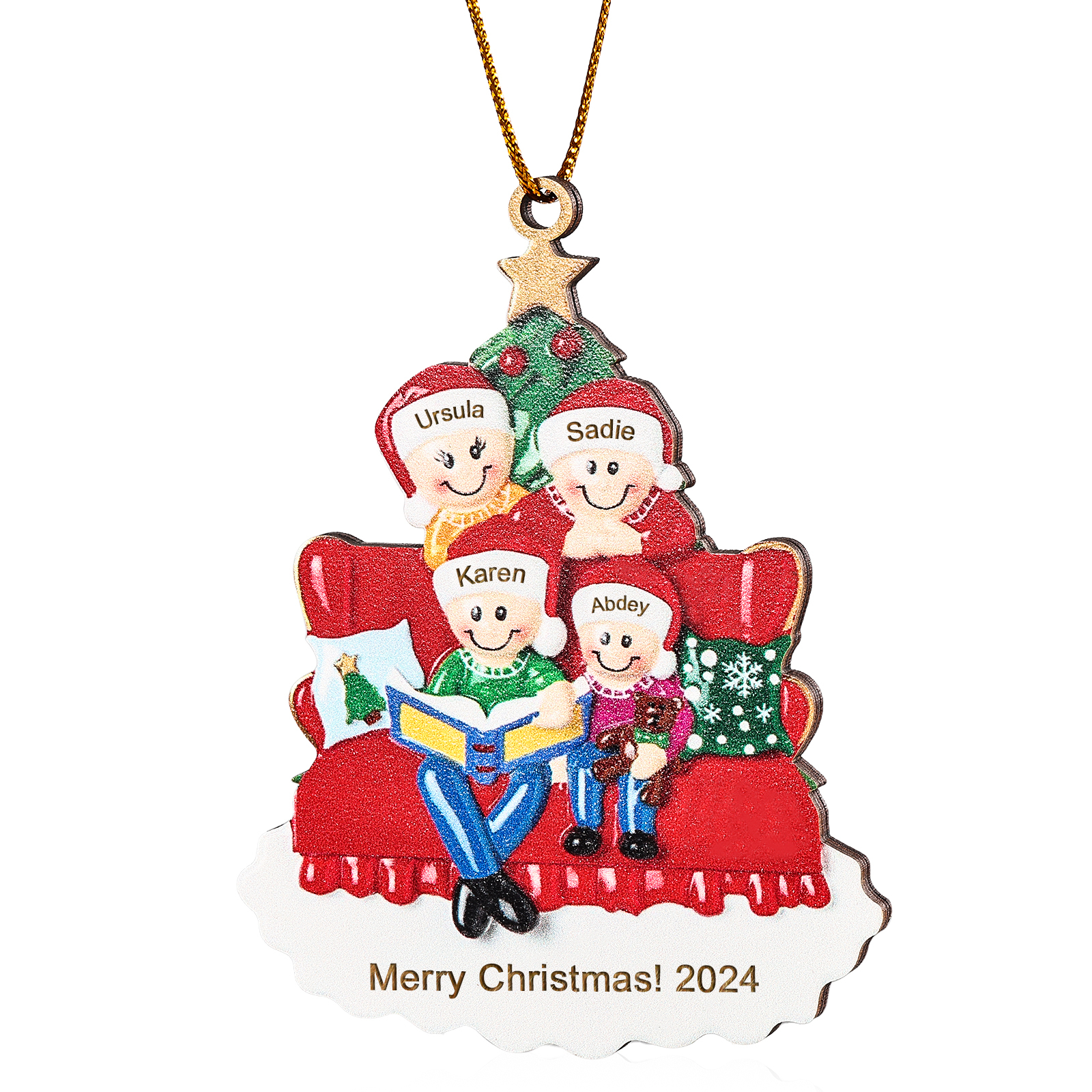 Holz Weihnachtsornament-Personalisierte 2-5 Namen & Text & Jahr Familie auf Sofa mit Buch & Weihnachtsbaum Holzanhänger