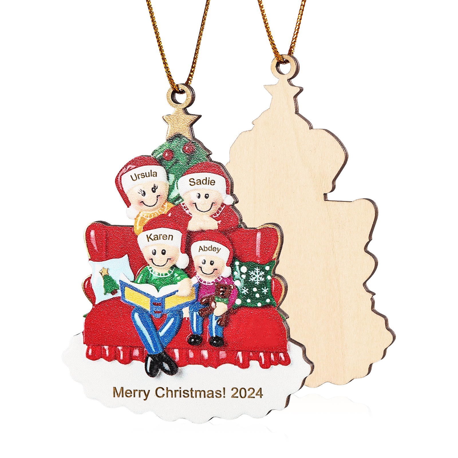 Holz Weihnachtsornament-Personalisierte 2-5 Namen & Text & Jahr Familie auf Sofa mit Buch & Weihnachtsbaum Holzanhänger