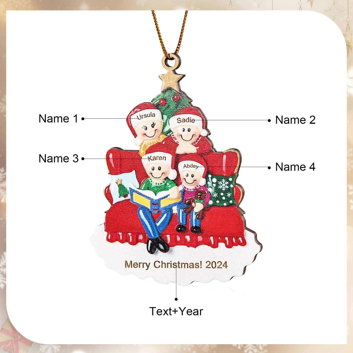 Holz Weihnachtsornament-Personalisierte 2-5 Namen & Text & Jahr Familie auf Sofa mit Buch & Weihnachtsbaum Holzanhänger