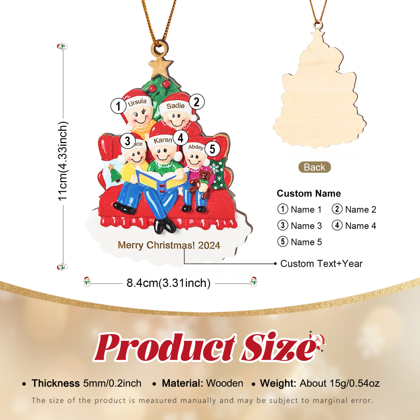 Holz Weihnachtsornament-Personalisierte 2-5 Namen & Text & Jahr Familie auf Sofa mit Buch & Weihnachtsbaum Holzanhänger