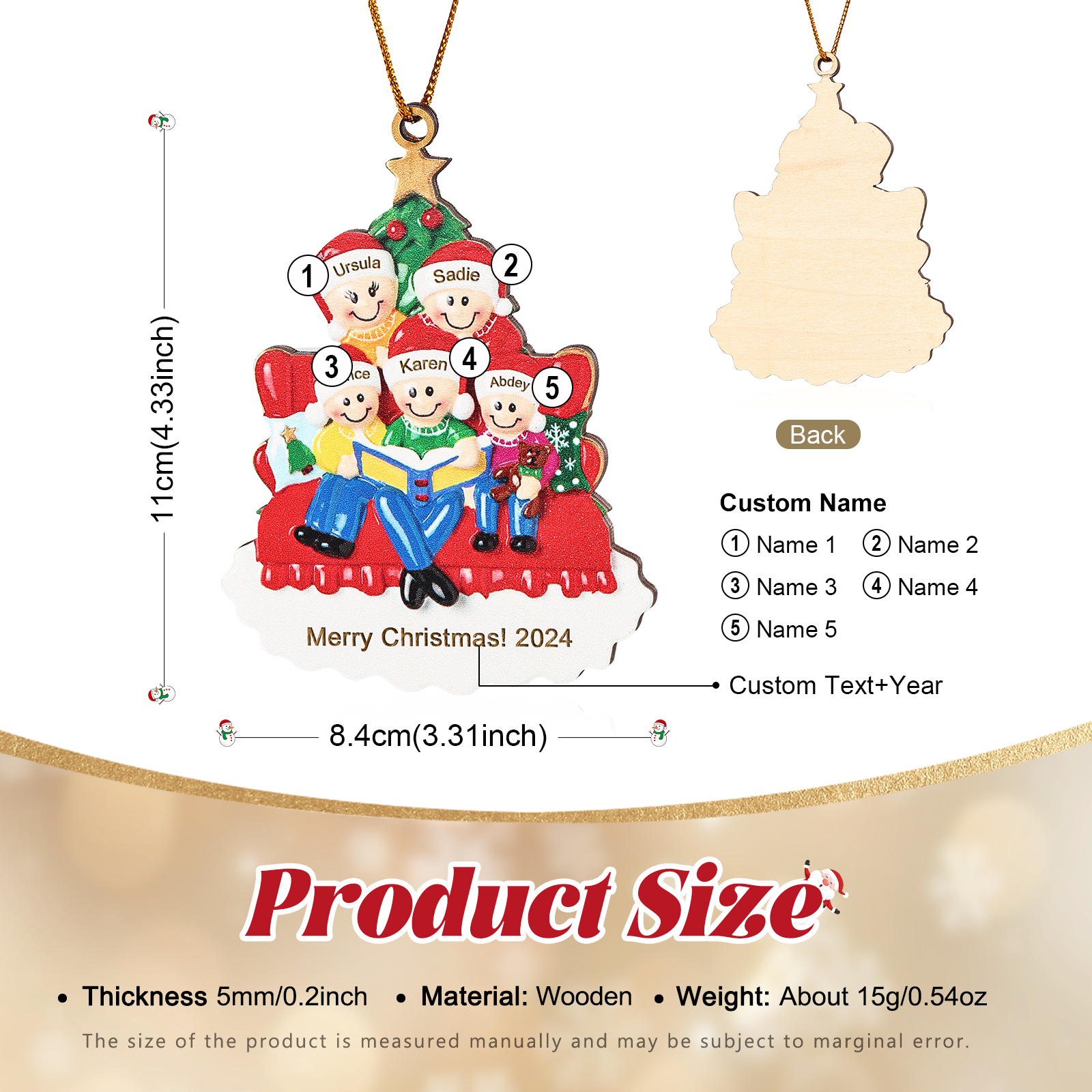 Holz Weihnachtsornament-Personalisierte 2-5 Namen & Text & Jahr Familie auf Sofa mit Buch & Weihnachtsbaum Holzanhänger
