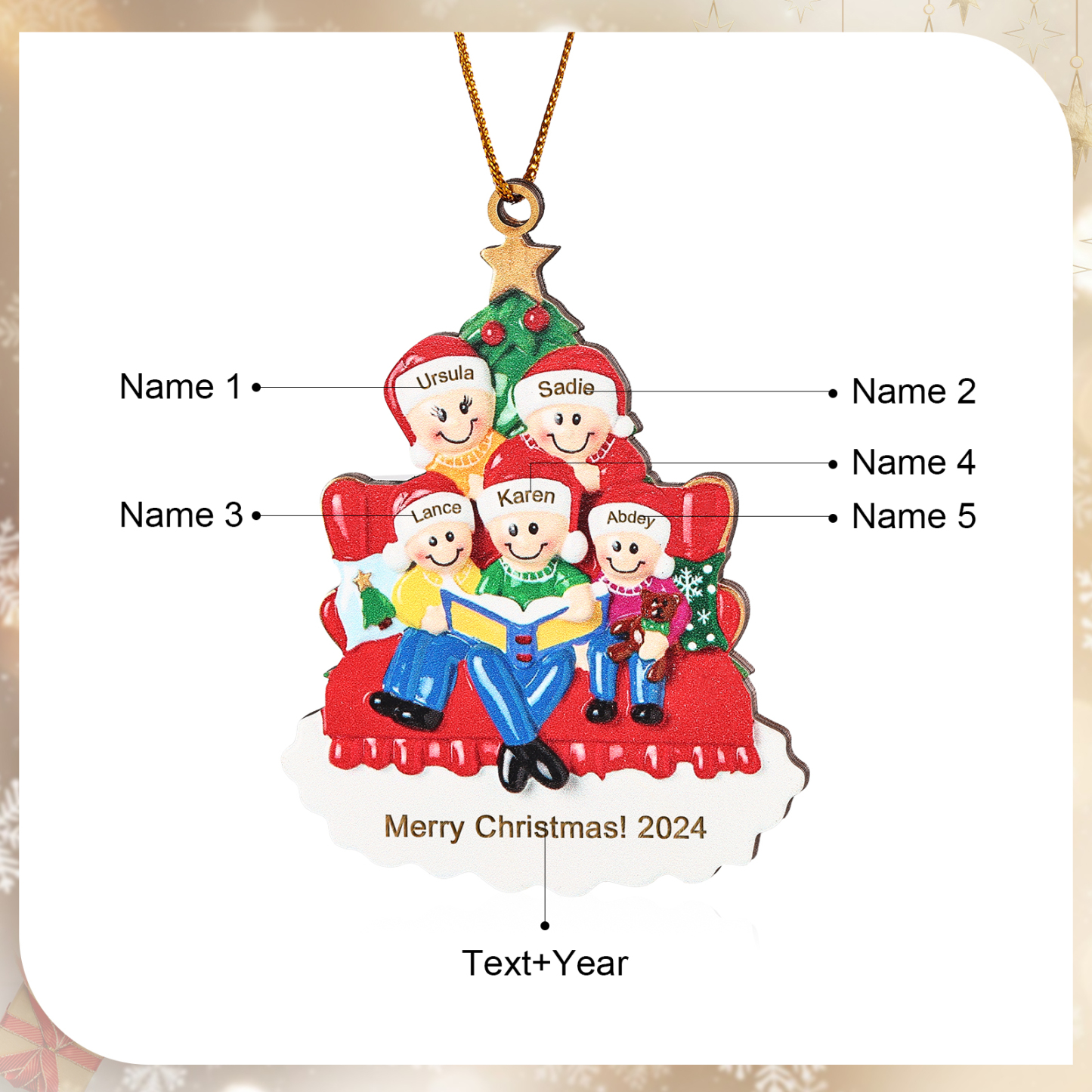 Holz Weihnachtsornament-Personalisierte 2-5 Namen & Text & Jahr Familie auf Sofa mit Buch & Weihnachtsbaum Holzanhänger