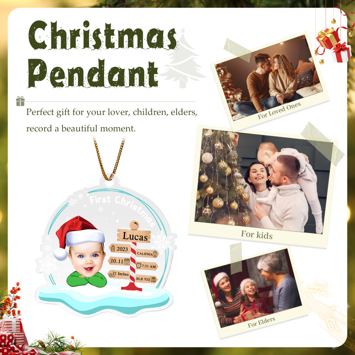 Acryl Weihnachtsornament-Personalisierter 1 Name & Foto & Baby persönlichen Geburtsdetails Acryl-Weihnachtsanhänger