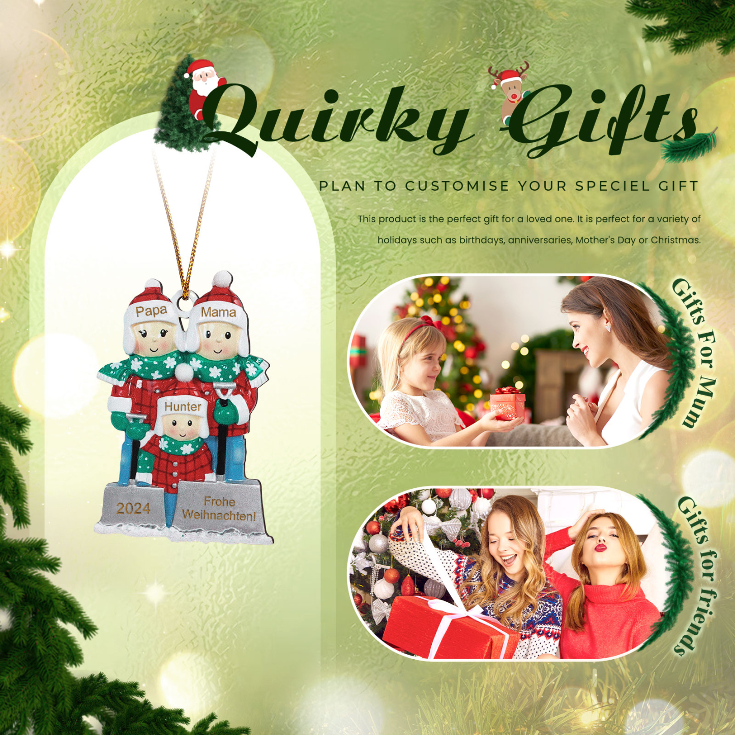 Holz Personalisierter Text & 3-6 Namen & Jahr Weihnachtsornament – Familie beim Schneeballschlacht Holz-Anhänger